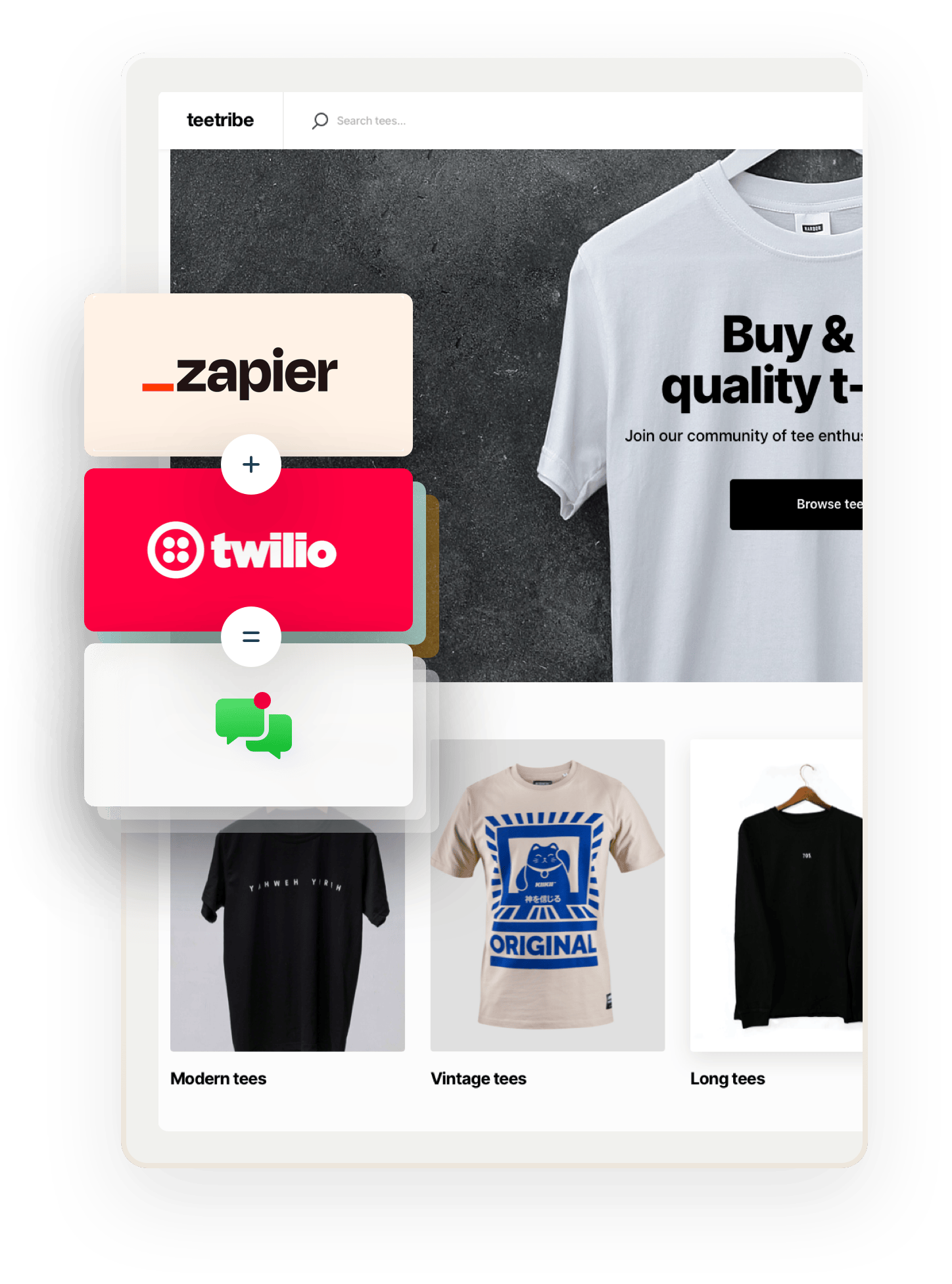 A snapshot of a landing page for Teetribe, a sample marketplace for selling t-shirts, featuring an image of a white t-shirt on a hanger. Overlaid on top are three boxes showing an equation: Zapier plus Twilio equals SMS notifications.