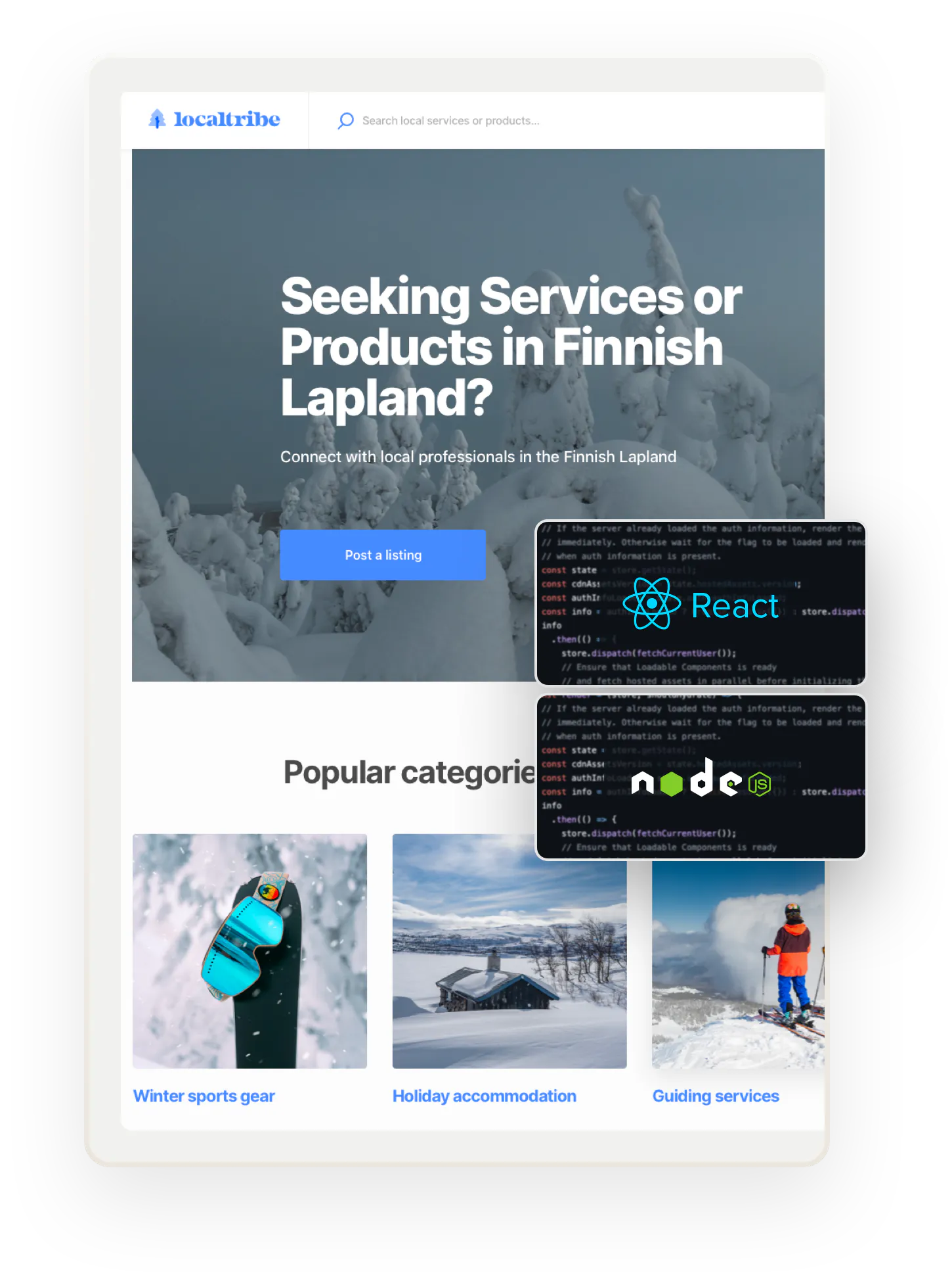 The home page of a marketplace based in Finnish Lapland. Overlaid on top are two boxes with code and the React and node.js logos