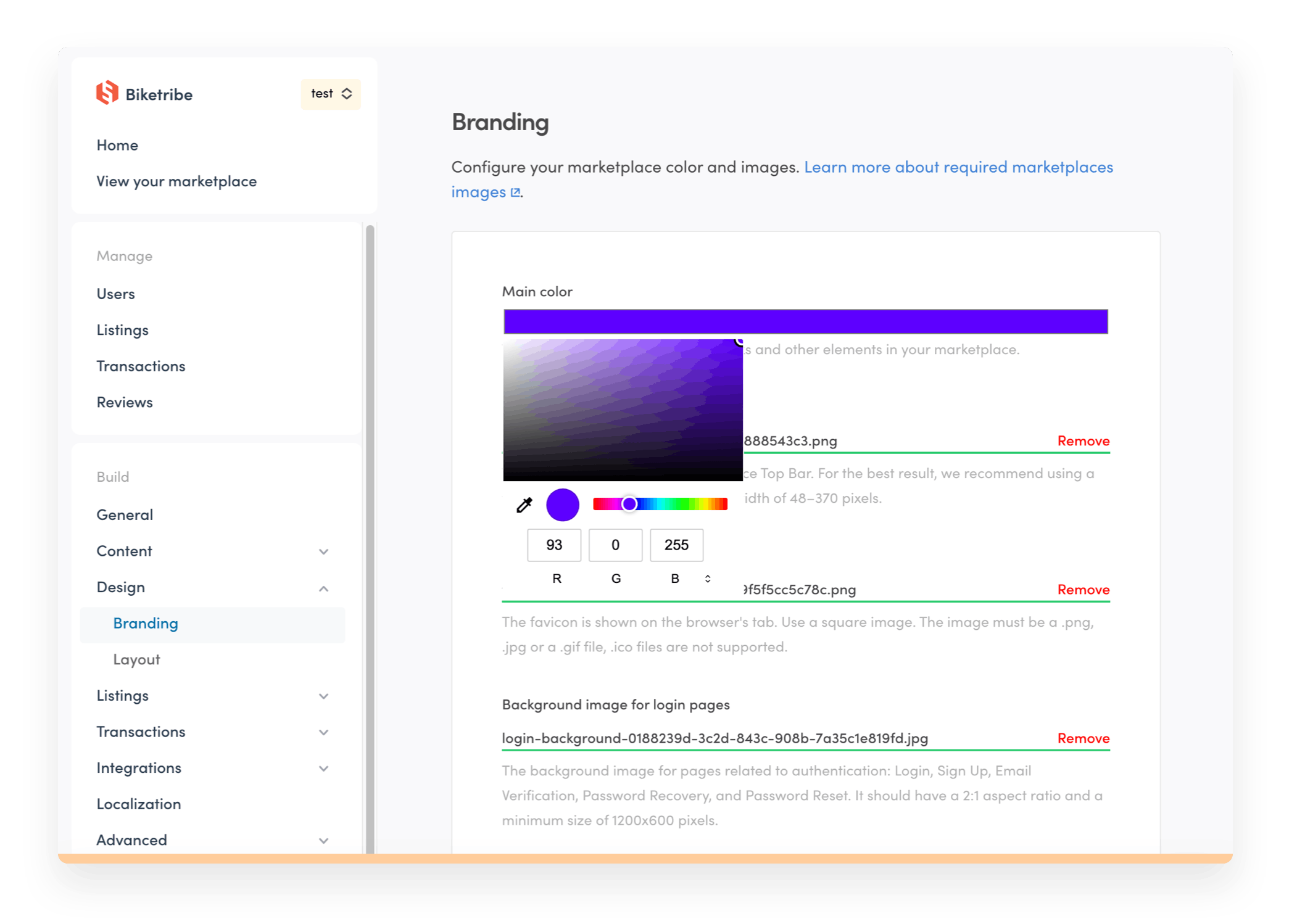 Sharetribe Console branding settings with the color picker open. On the left, a sidebar with all the tools.