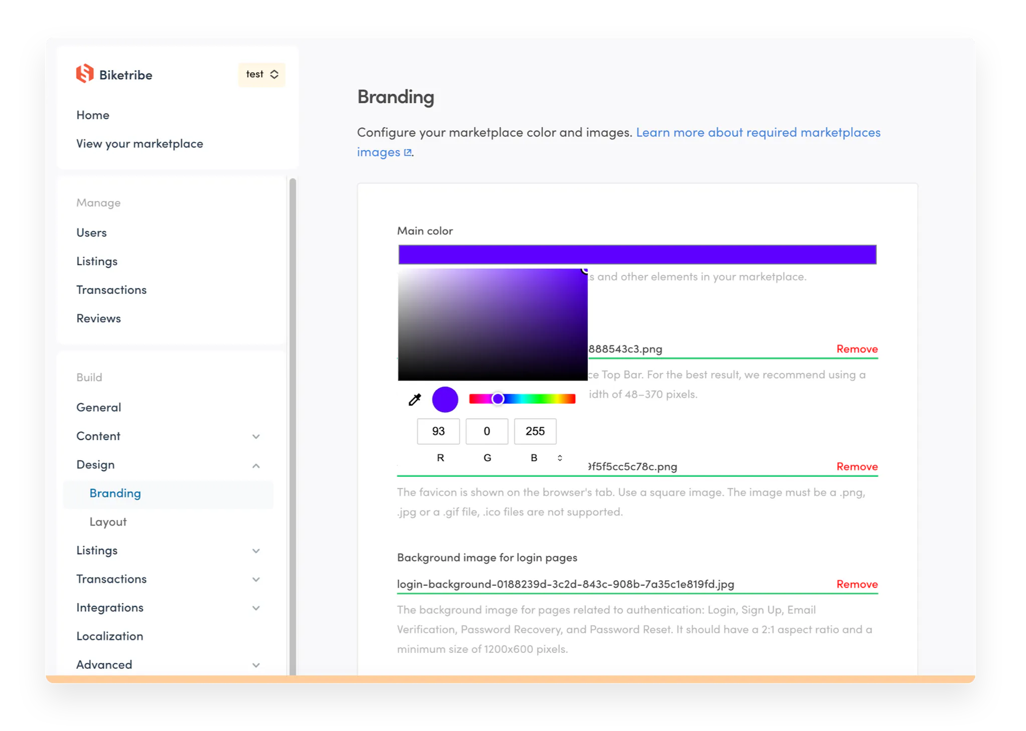 Sharetribe Console branding settings with the color picker open. On the left, a sidebar with all the tools.