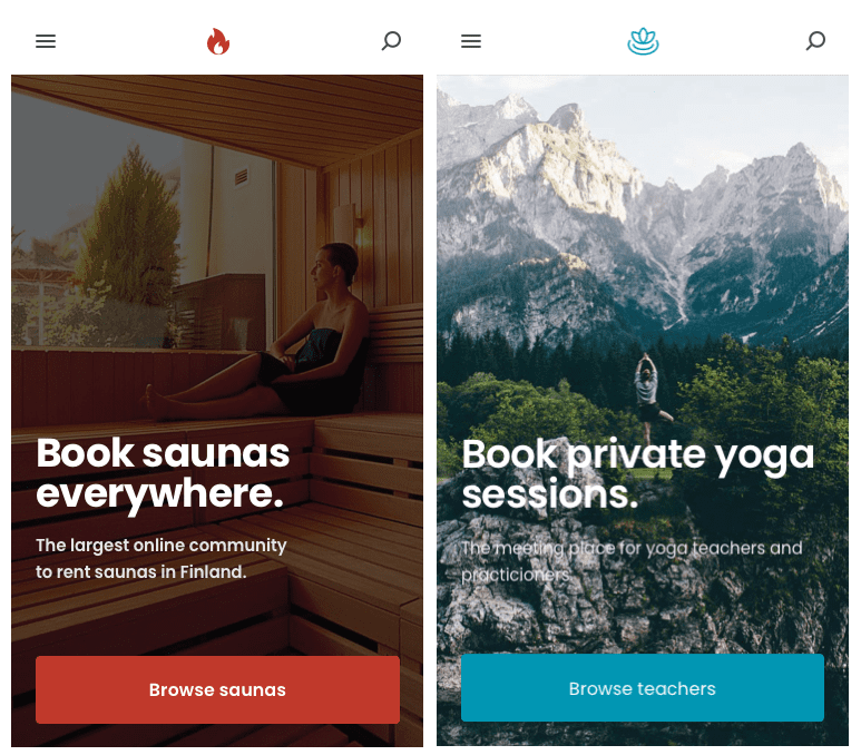 Screenshots of the landing pages of Sharetribe Flex's two marketplace web app templates in mobile.