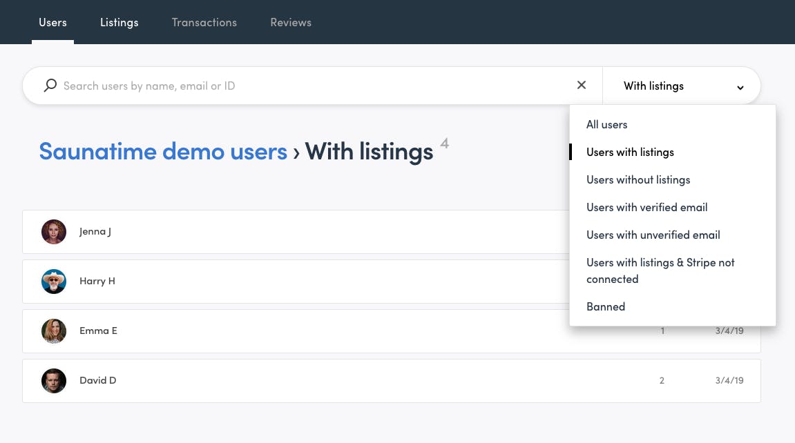 User management on Sharetribe Flex's demo marketplace app called Saunatime.