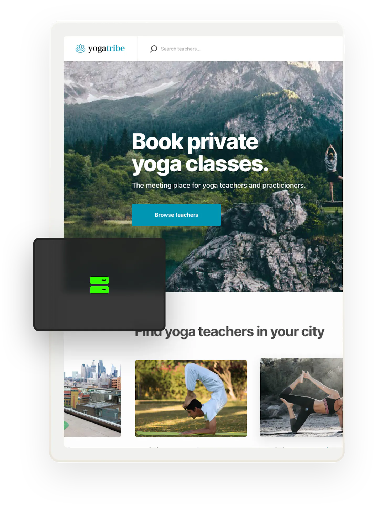 A snapshot of the landing page of a service marketplace for yoga classes built with Sharetribe's marketplace software. Overlaid on top is an icon of two servers on top of each other.