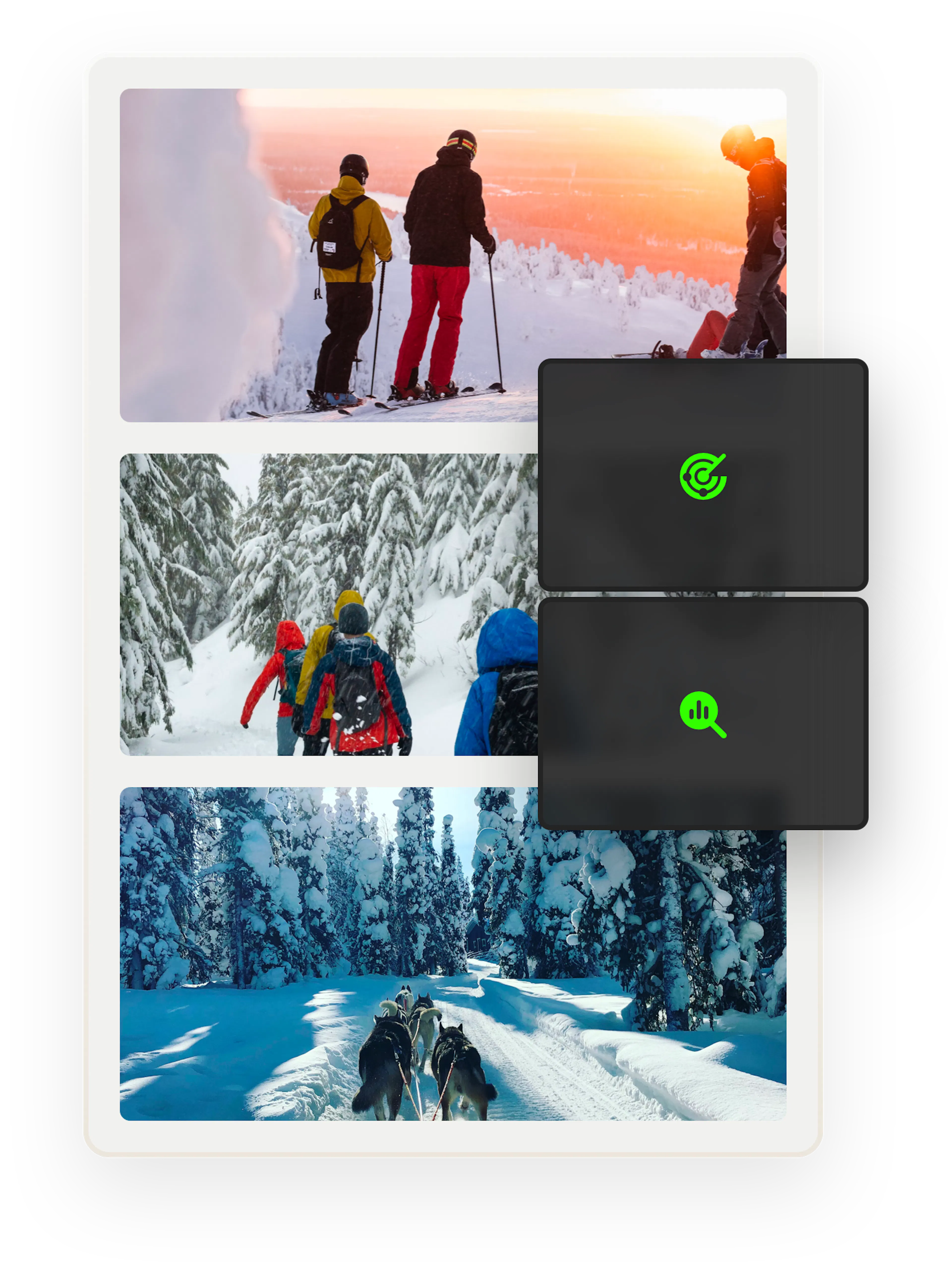 In the background, there are three images of groups in the winter wonderland of Finnis Lapland skiing, hiking, and dog-sledding. Overlaid on top are icons representing performance and traffic spikes.