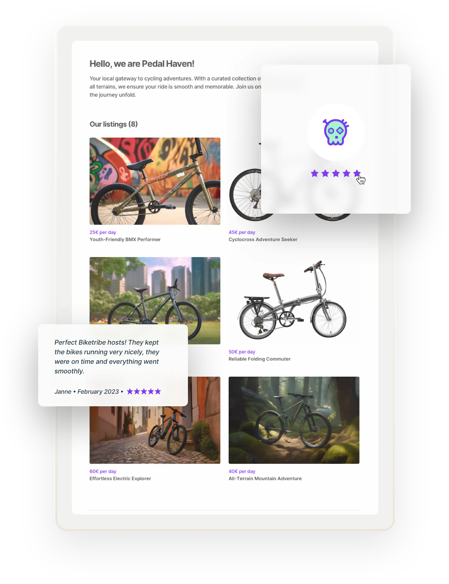 A sample storefront for a bike marketplace Pedal Haven. The page has six bike listings from BMX to electric bikes. Images of glowing five-star reviews are overlaid on top of the page.