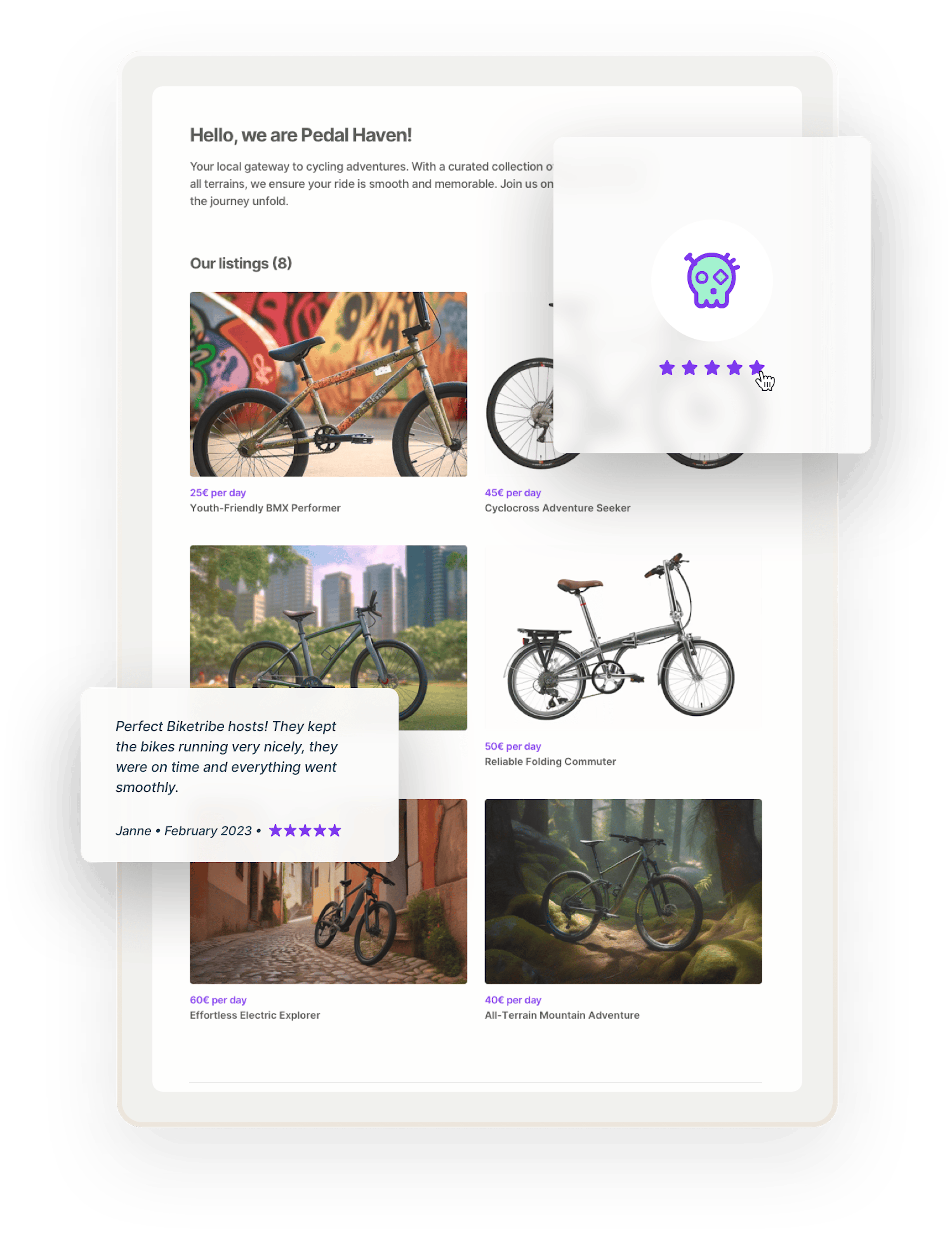 A sample storefront for a bike marketplace Pedal Haven. The page has six bike listings from BMX to electric bikes. Images of glowing five-star reviews are overlaid on top of the page.
