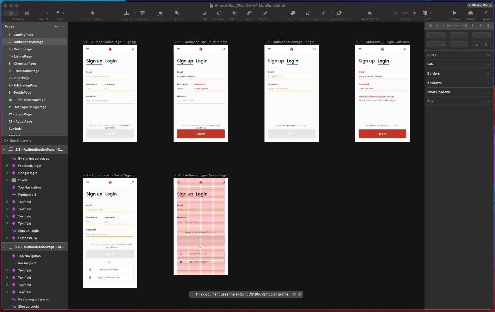 Screenshot of the design application Sketch with layouts for a mobile marketplace UI.