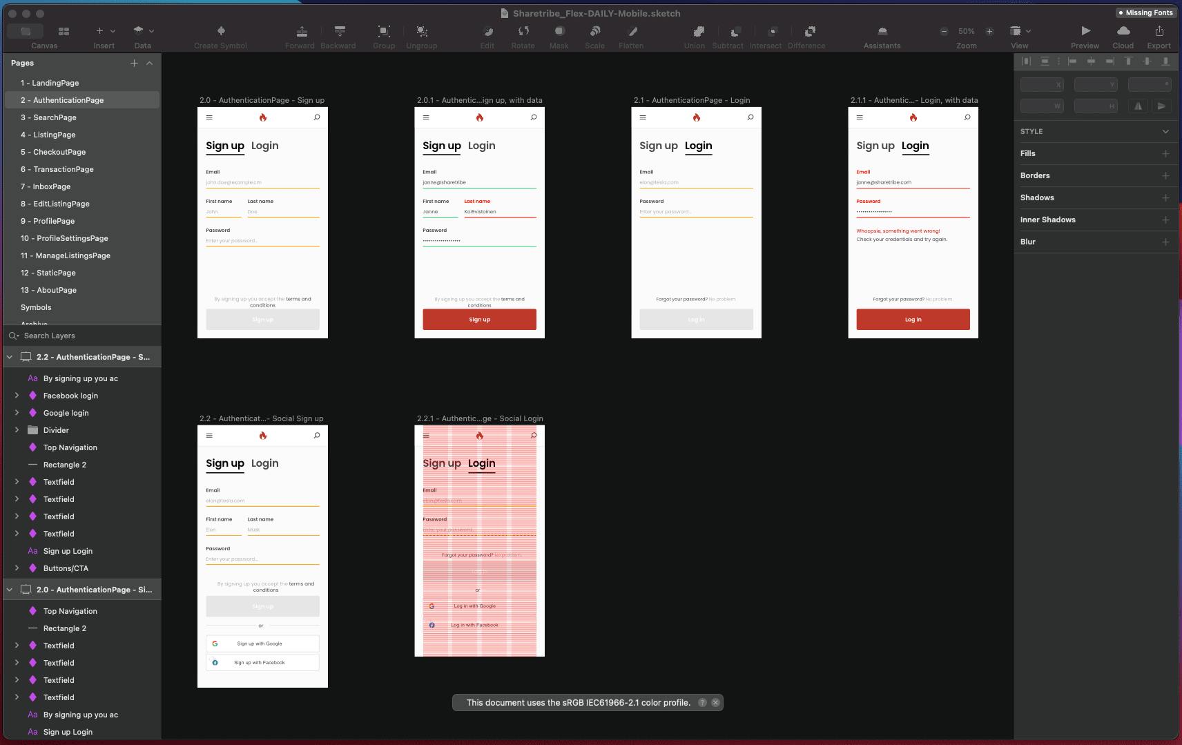 Screenshot of the design application Sketch with layouts for a mobile marketplace UI.