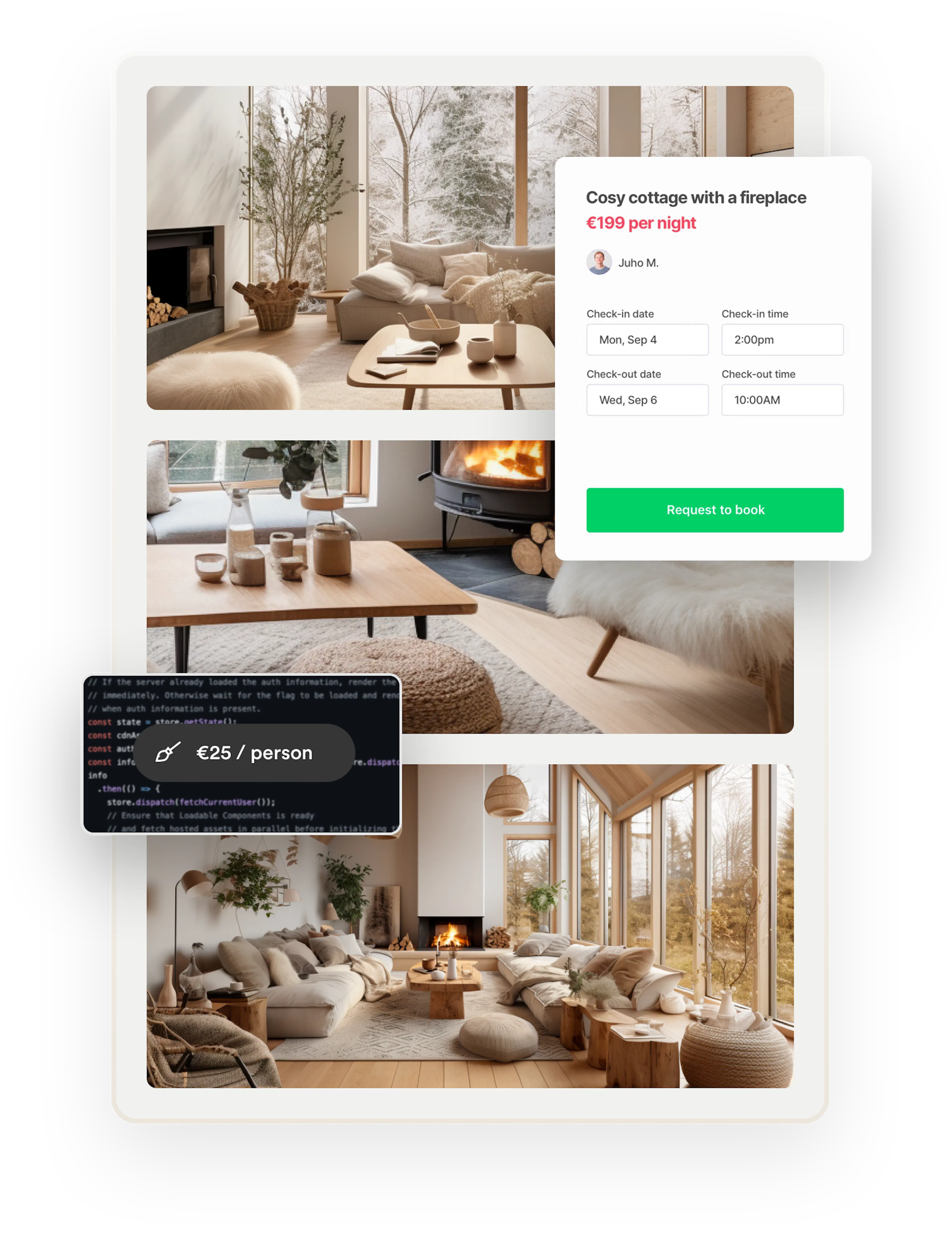 Three images of a cozy cottage with a fireplace. The images are overlaid with a booking form and a box with code that shows cleaning costs 25 euros per person.