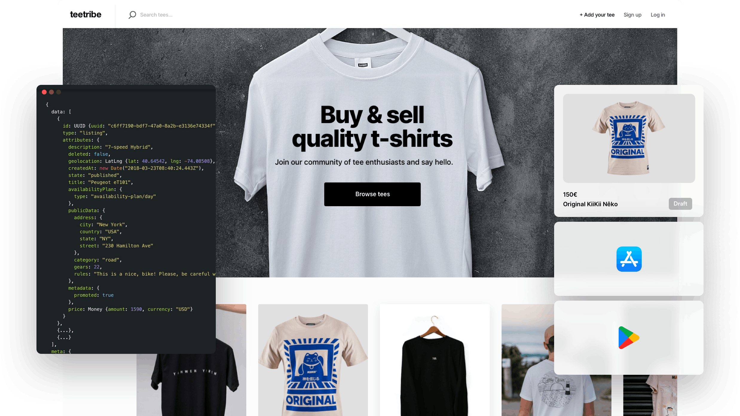 A landing page of a sample t-shirt marketplace. Overlaid is a box with React code, a listing thumbnail for a t-shirt, and app store logos.