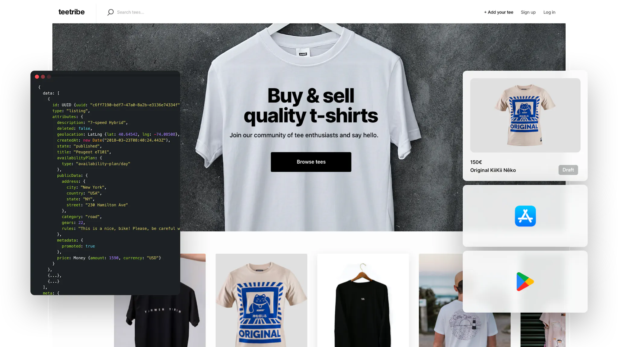 A landing page of a sample t-shirt marketplace. Overlaid is a box with React code, a listing thumbnail for a t-shirt, and app store logos.