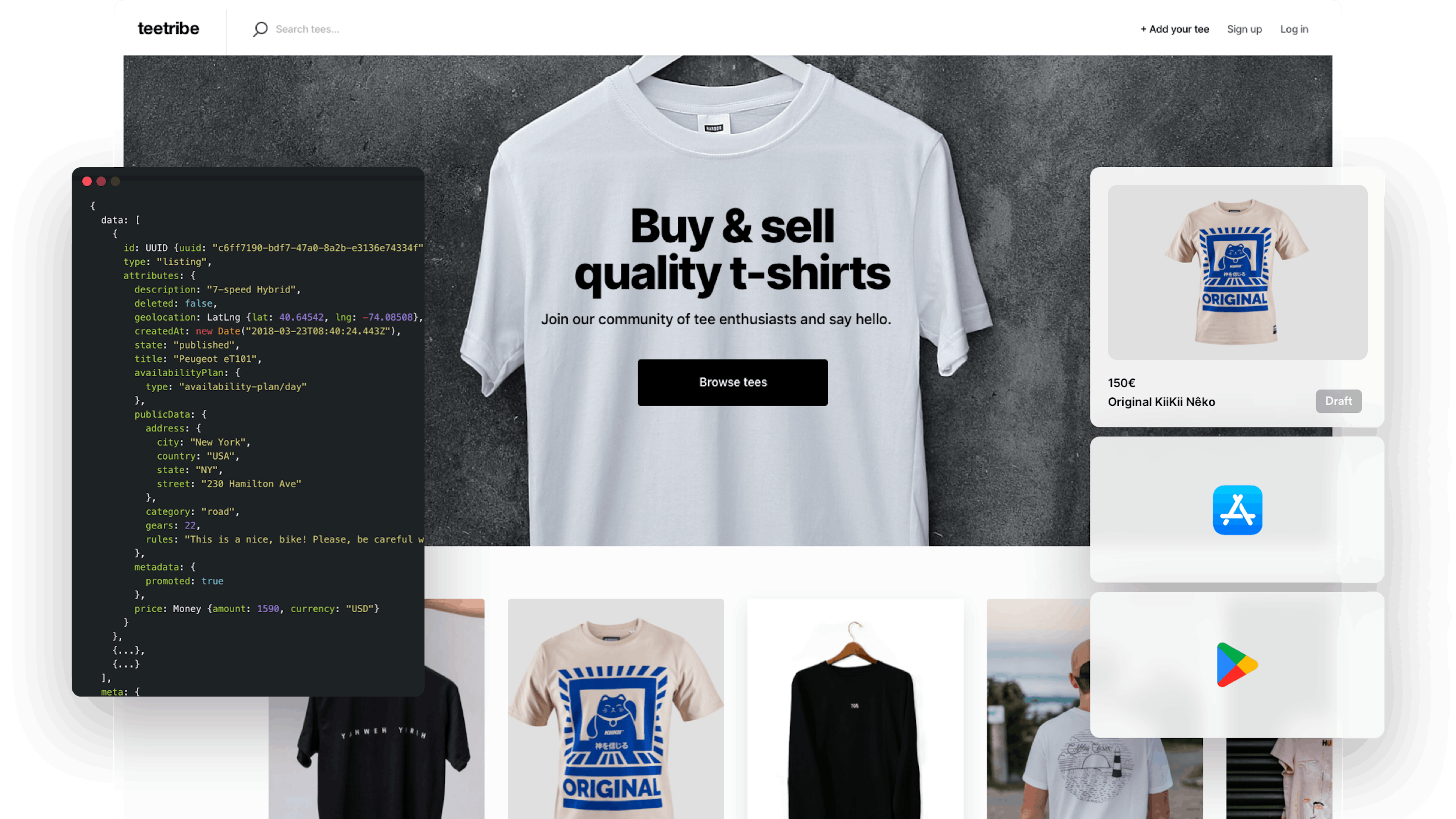 A landing page of a sample t-shirt marketplace. Overlaid is a box with React code, a listing thumbnail for a t-shirt, and app store logos.