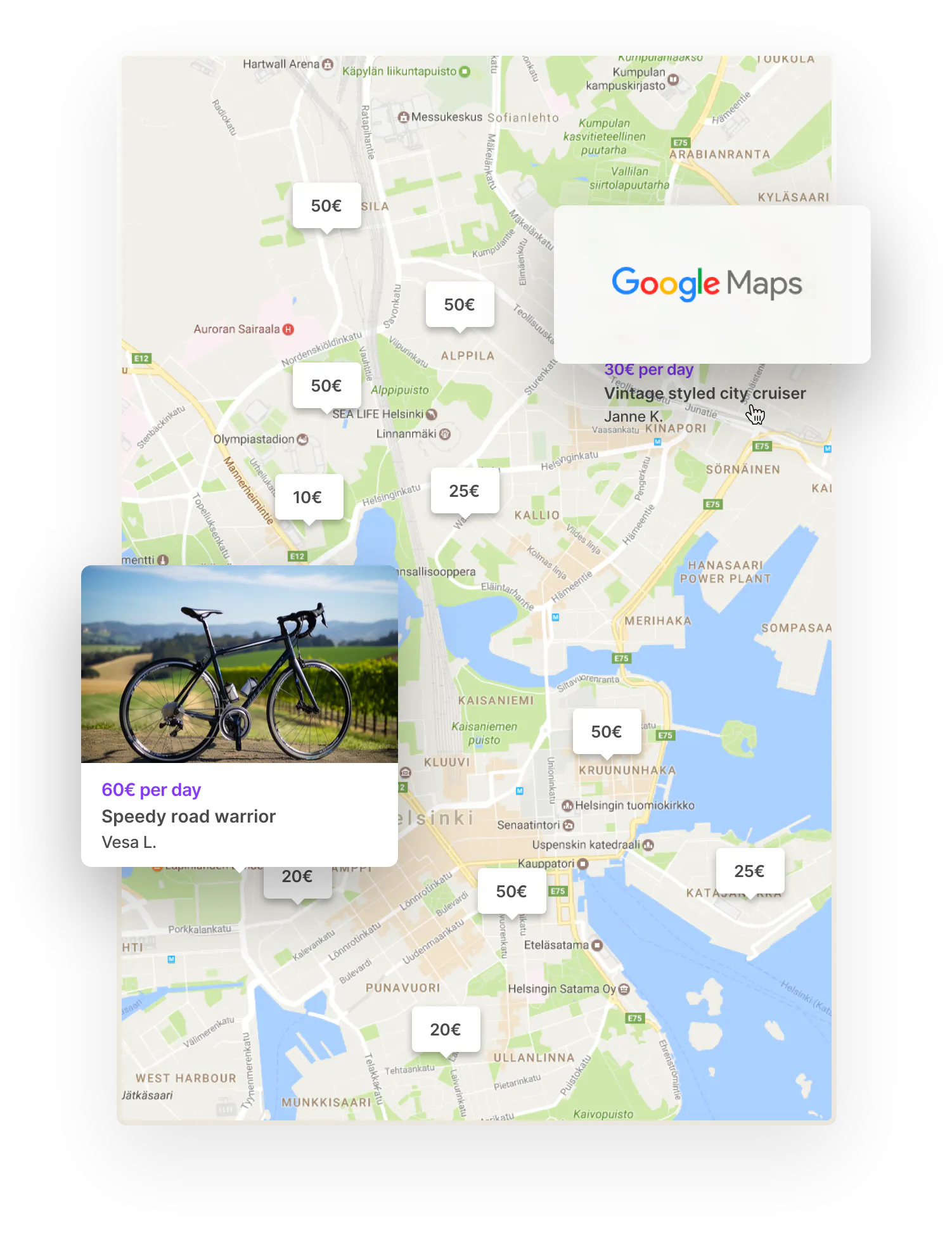 A map of Helsinki on a bike rental marketplace. Overlaid is the Google Maps logo.