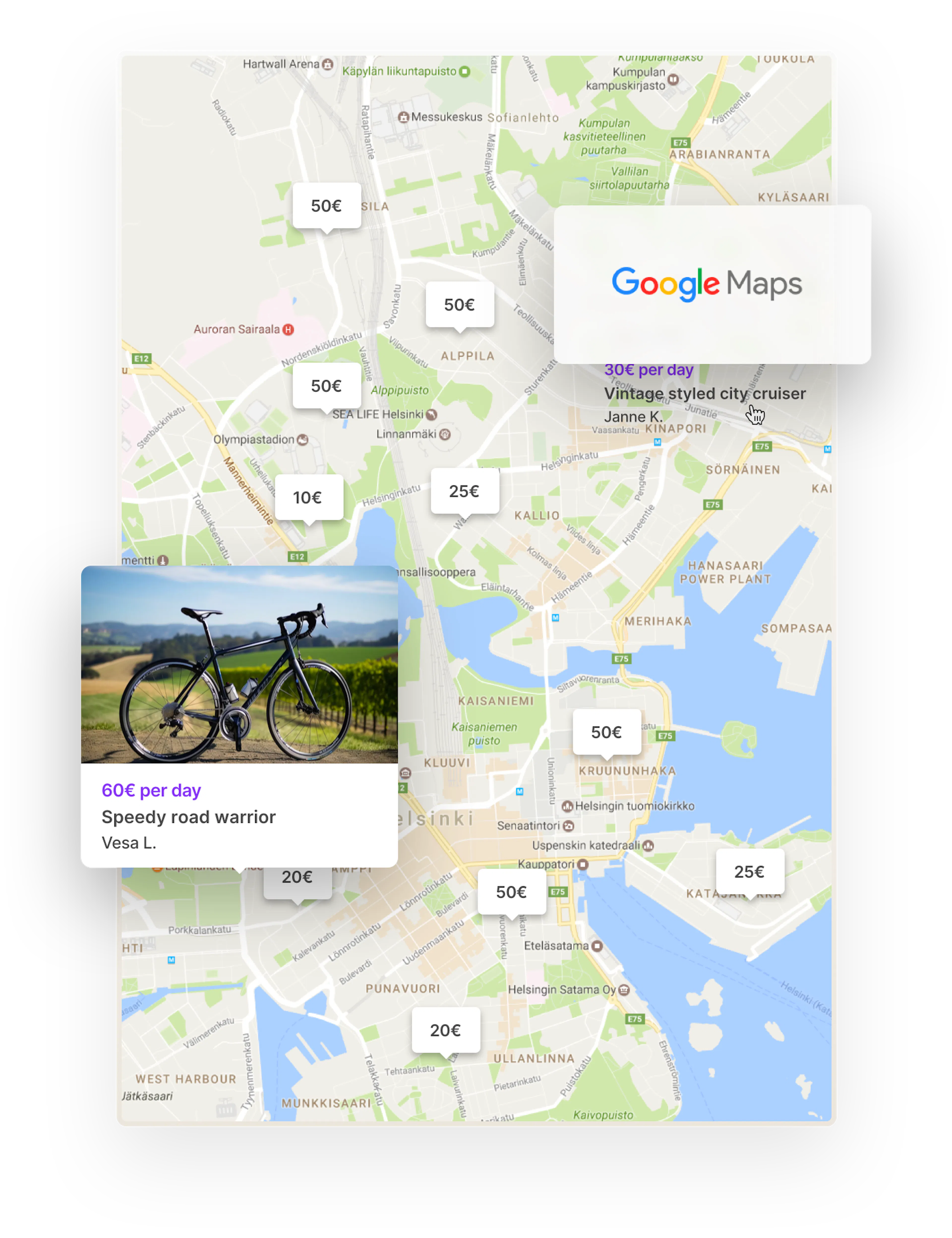 A map of Helsinki on a bike rental marketplace. Overlaid is the Google Maps logo.