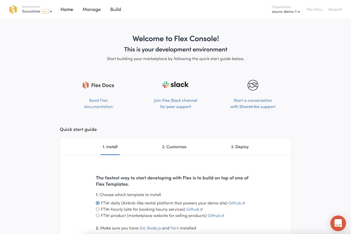 Screenshot of the Flex Console development environment with instruction on how to get started developing with Flex.