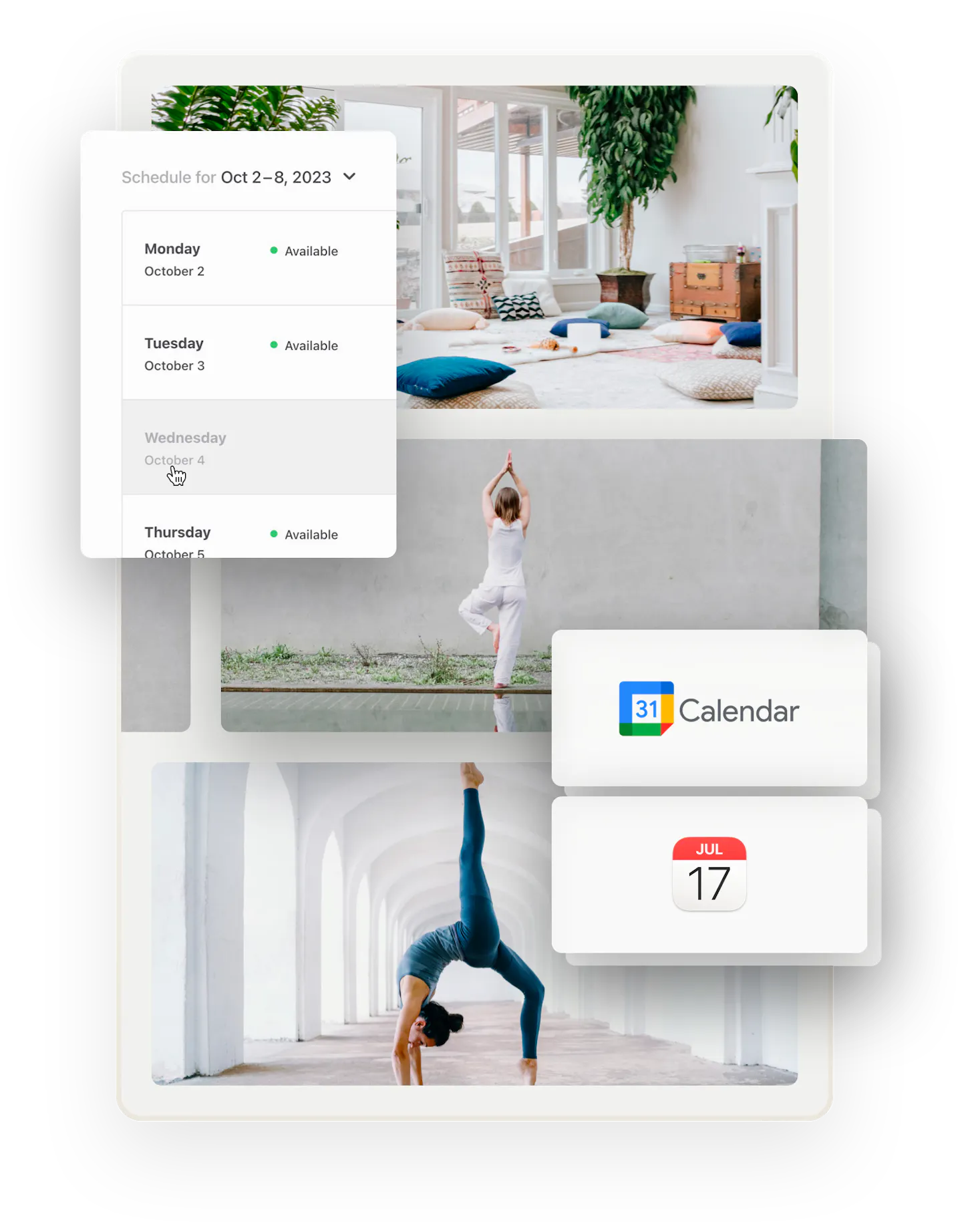 Three images of yoga-related things. First, a comfortable yoga studio with plants and pillows. Below, two people doing yoga. A snapshot of the availability management tool is overlaid on top. Two further boxes show icons for Google and Apple calendars.