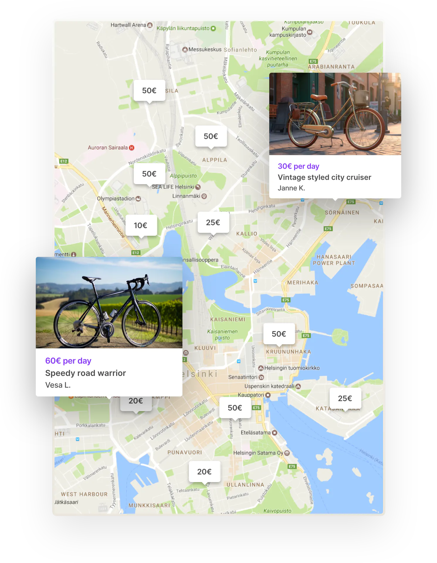 A map view of search results, with two bikes prominently featured: a vintage city cruiser and a speed sport bike.