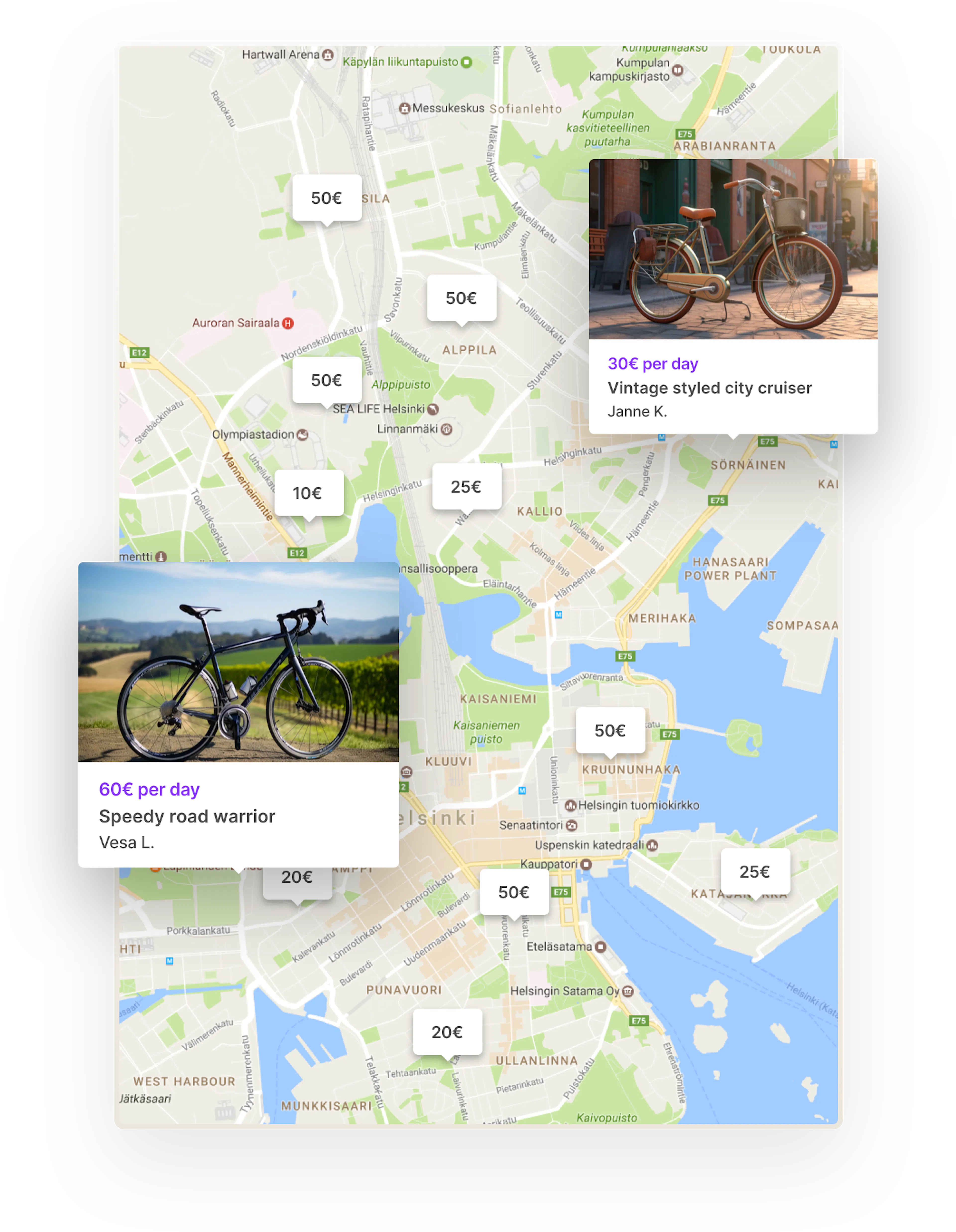 A map view of search results, with two bikes prominently featured: a vintage city cruiser and a speed sport bike.