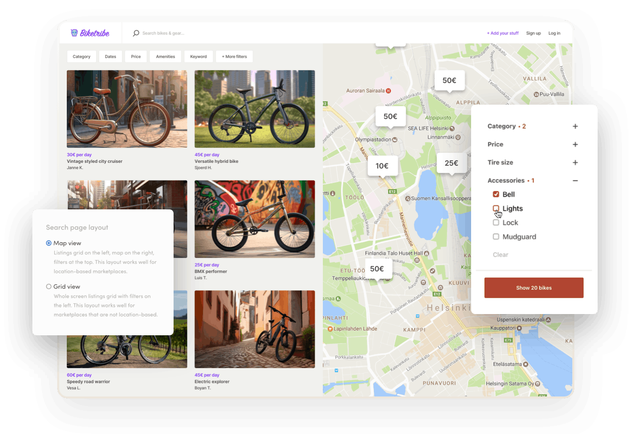 The search results page on a sample bike rental marketplace. There's a map next to a grid of available bikes. Overlaid is a search filter selection and the layout options in Console, where the operator chooses between a map view and a grid view.