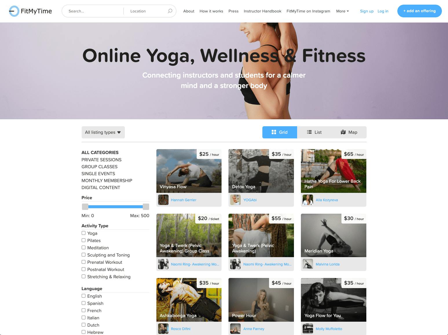 +Screenshot of the service marketplace FitMyTime's website with a header and listings in a grid.