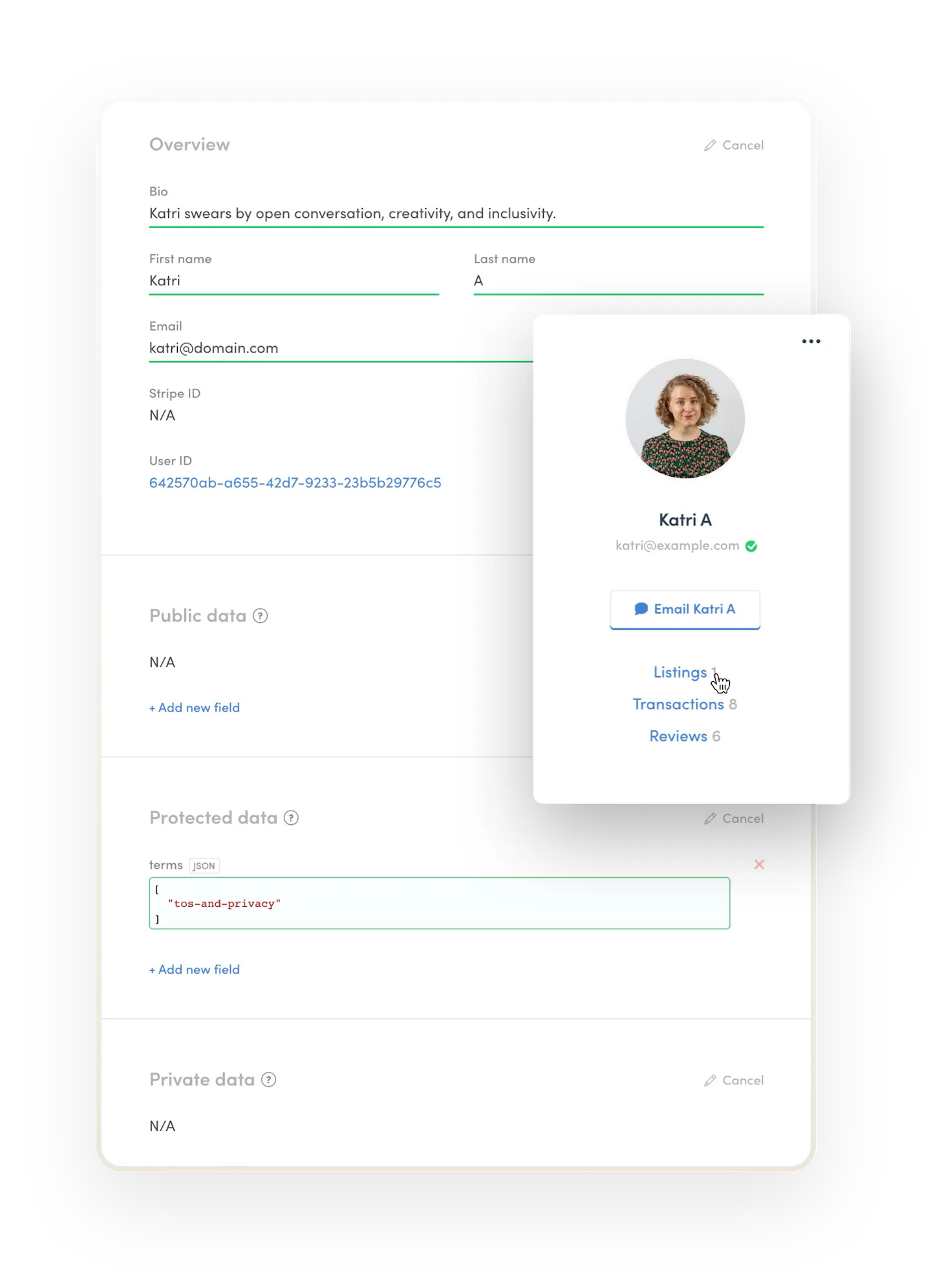A user named Katri as seen by a marketplace operator in Console. User data includes a bio, an image, name, email, and other important data. The operator can also look at Katri's listings, reviews and transactions, and email them.