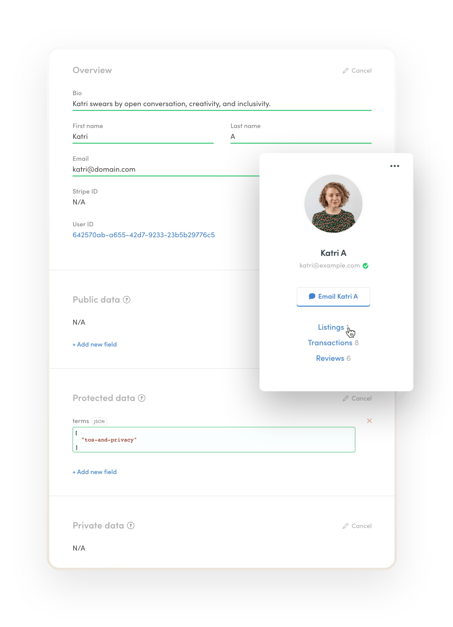 A user named Katri as seen by a marketplace operator in Console. User data includes a bio, an image, name, email, and other important data. The operator can also look at Katri's listings, reviews and transactions, and email them.