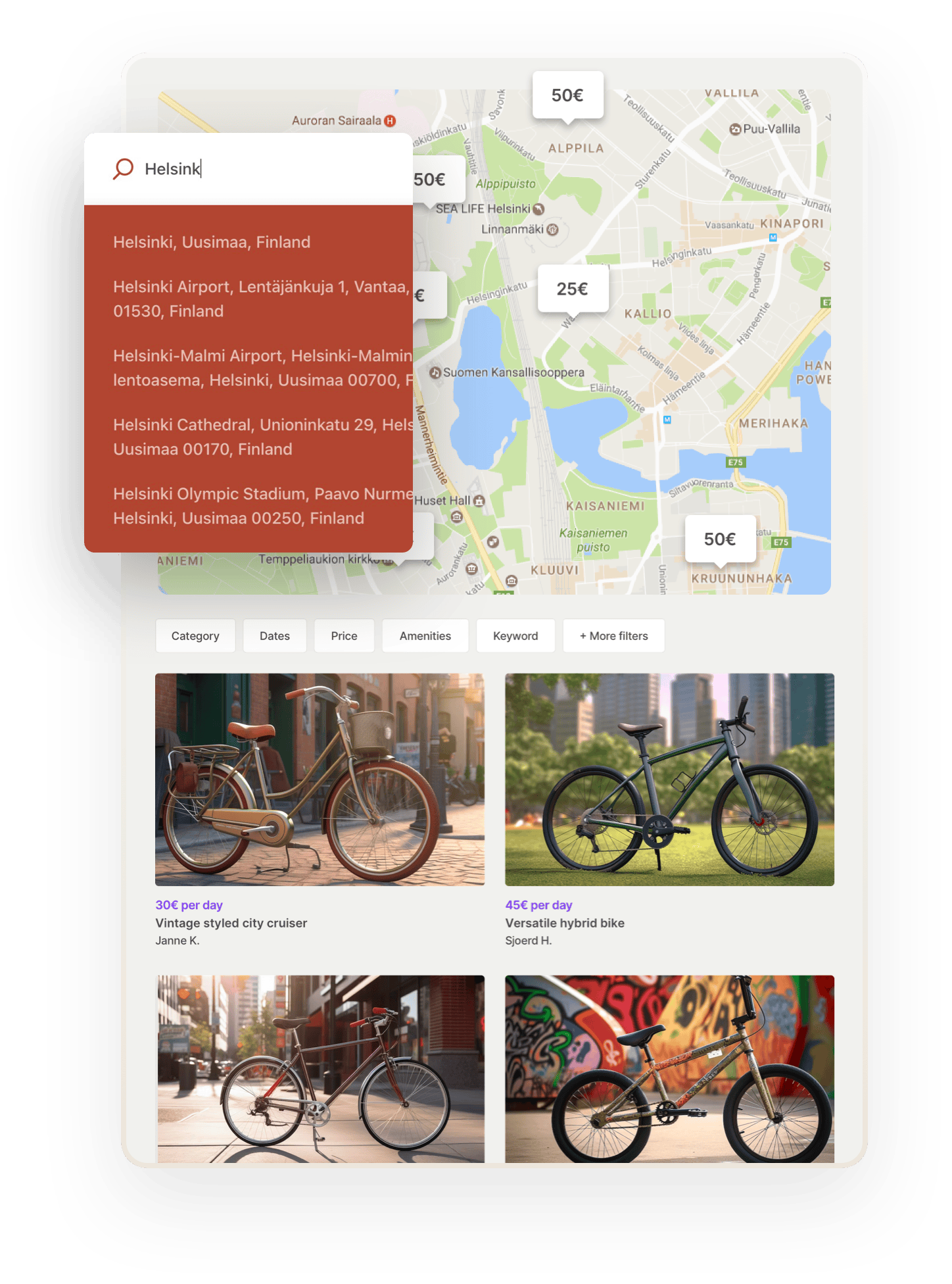 Marketplace search example. A search for bikes in Helsinki, Finland. Bubbles with the daily price show the location of each bike on a map. Beneath the map, there are listing thumbnails for the bikes with images and titles.