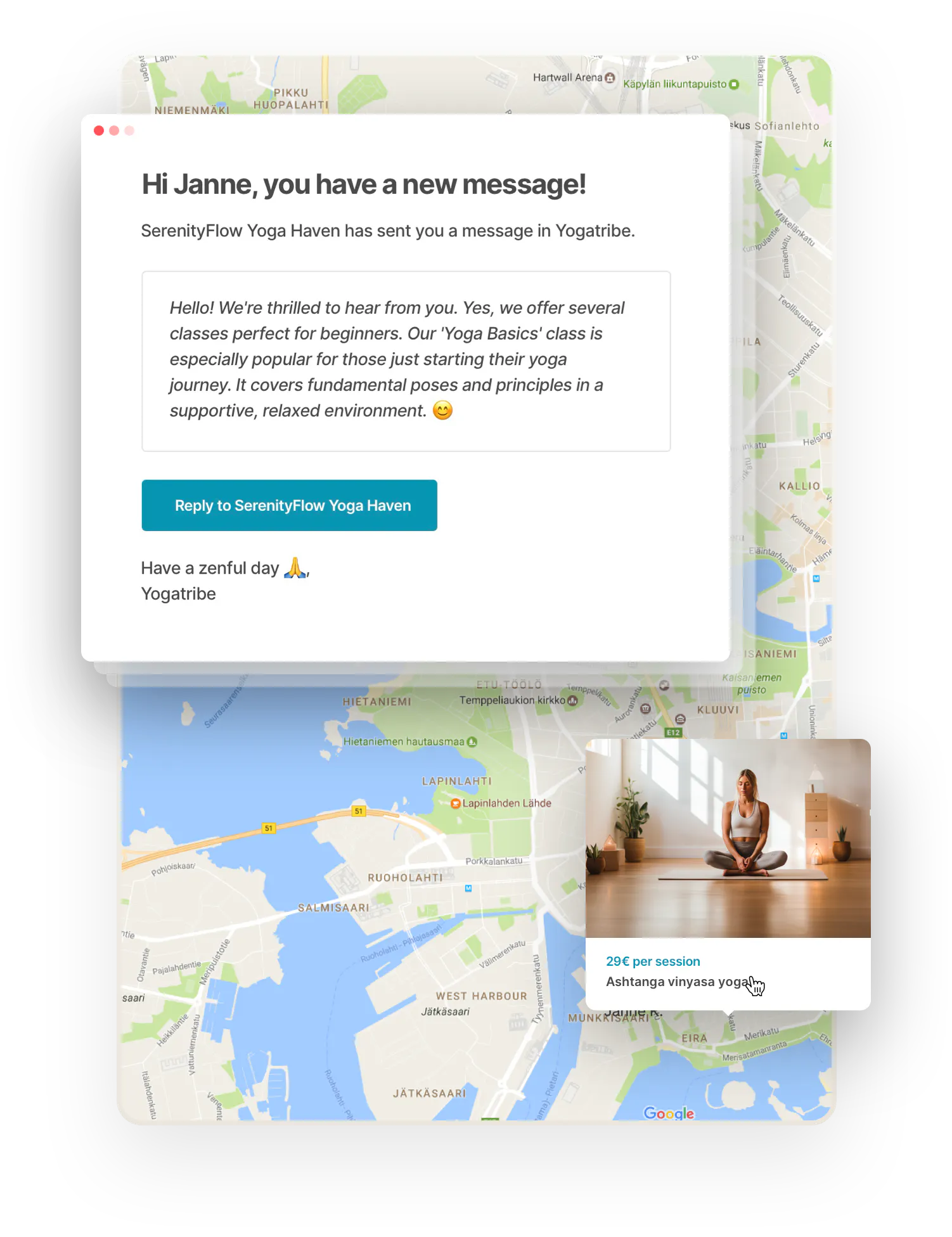 A box with an email notification to Juho, a yga student, overlaid on top of a map and a listing bubble. The email shows the yoga provider SerenetyFlow's message from the marketplace and has a call-to-action button to answer the message.