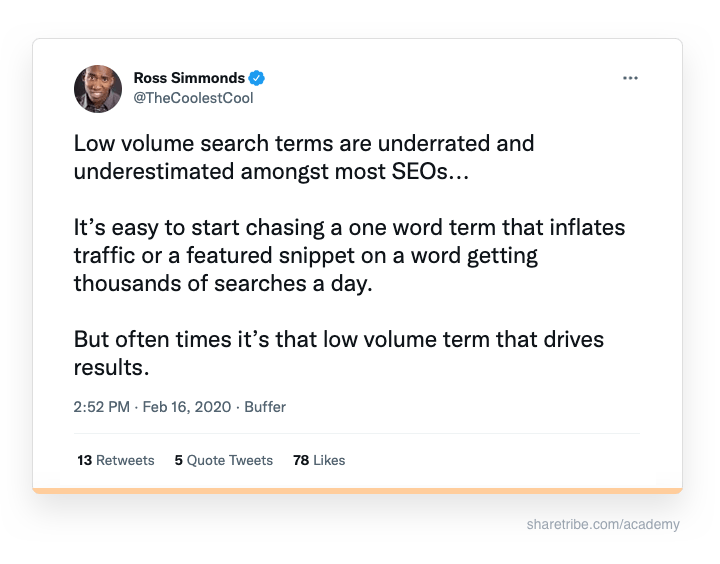 Ross Simmonds' tweet about how low-volume searches drive the best results.