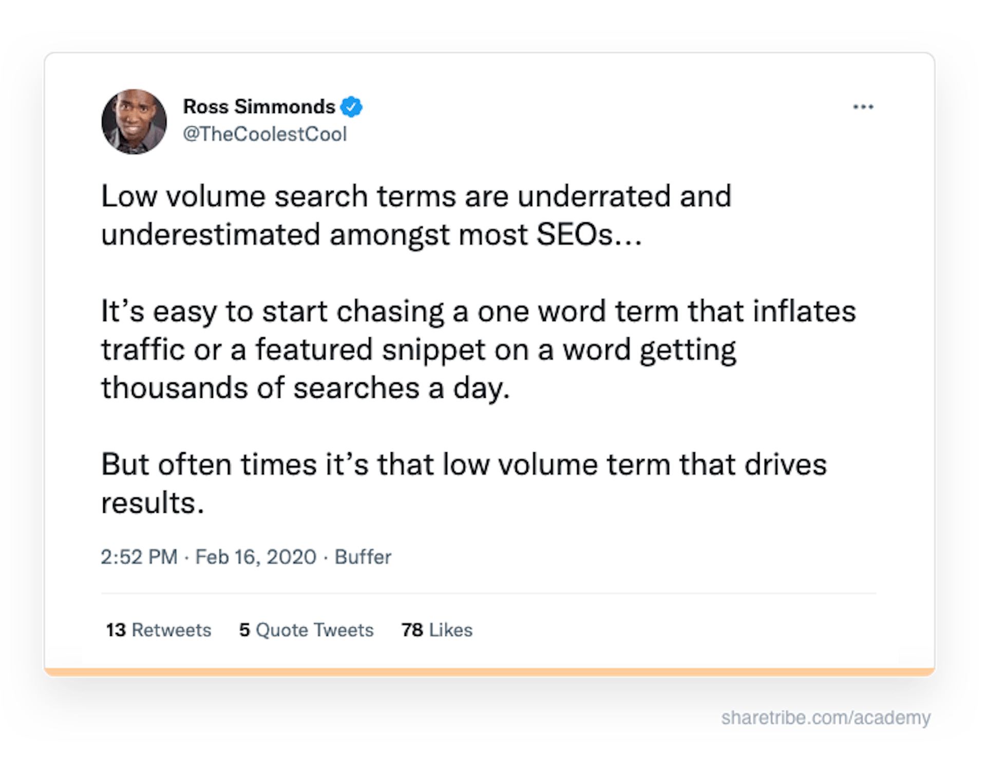 Ross Simmonds' tweet about how low-volume searches drive the best results.