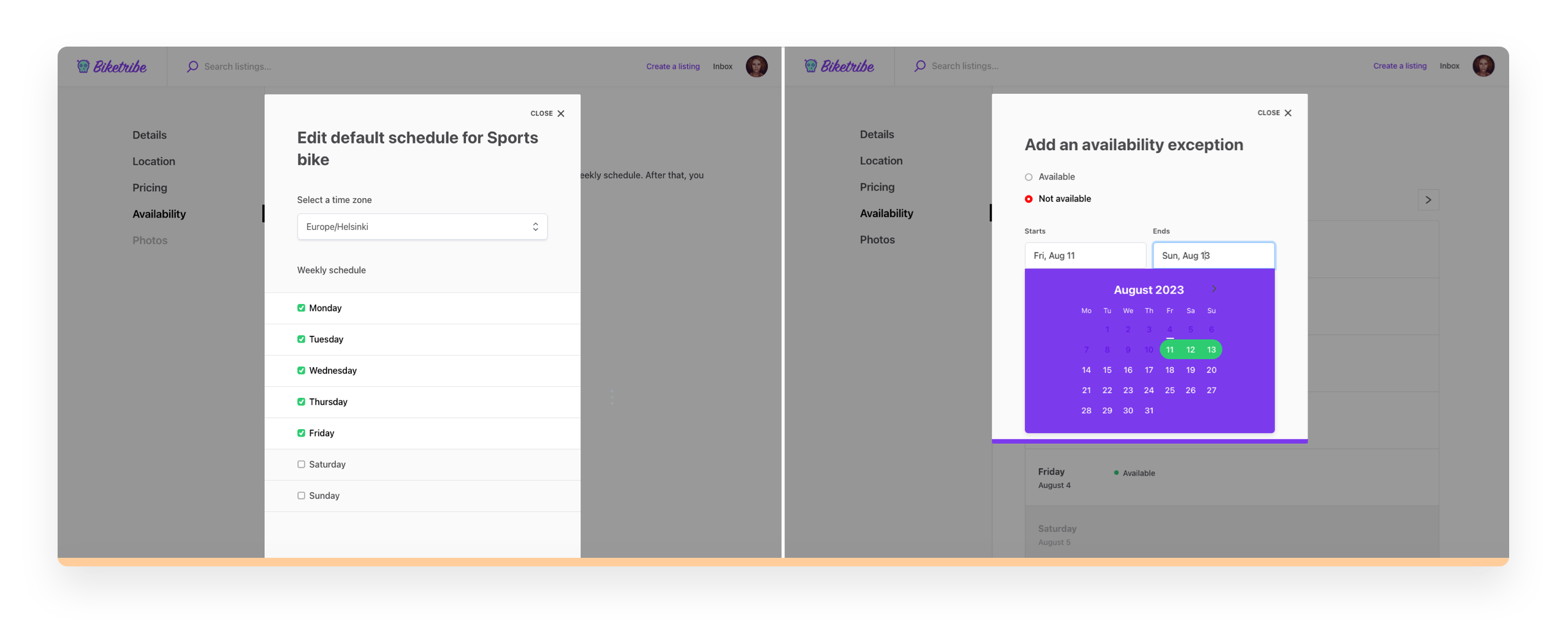 Screenshots of availability management on a sample Sharetribe marketplace. First, setting a weekly schedule. Then, adding an availability exception in a calendar view.