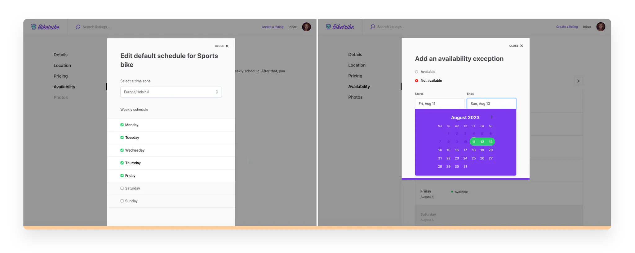 Screenshots of availability management on a sample Sharetribe marketplace. First, setting a weekly schedule. Then, adding an availability exception in a calendar view.