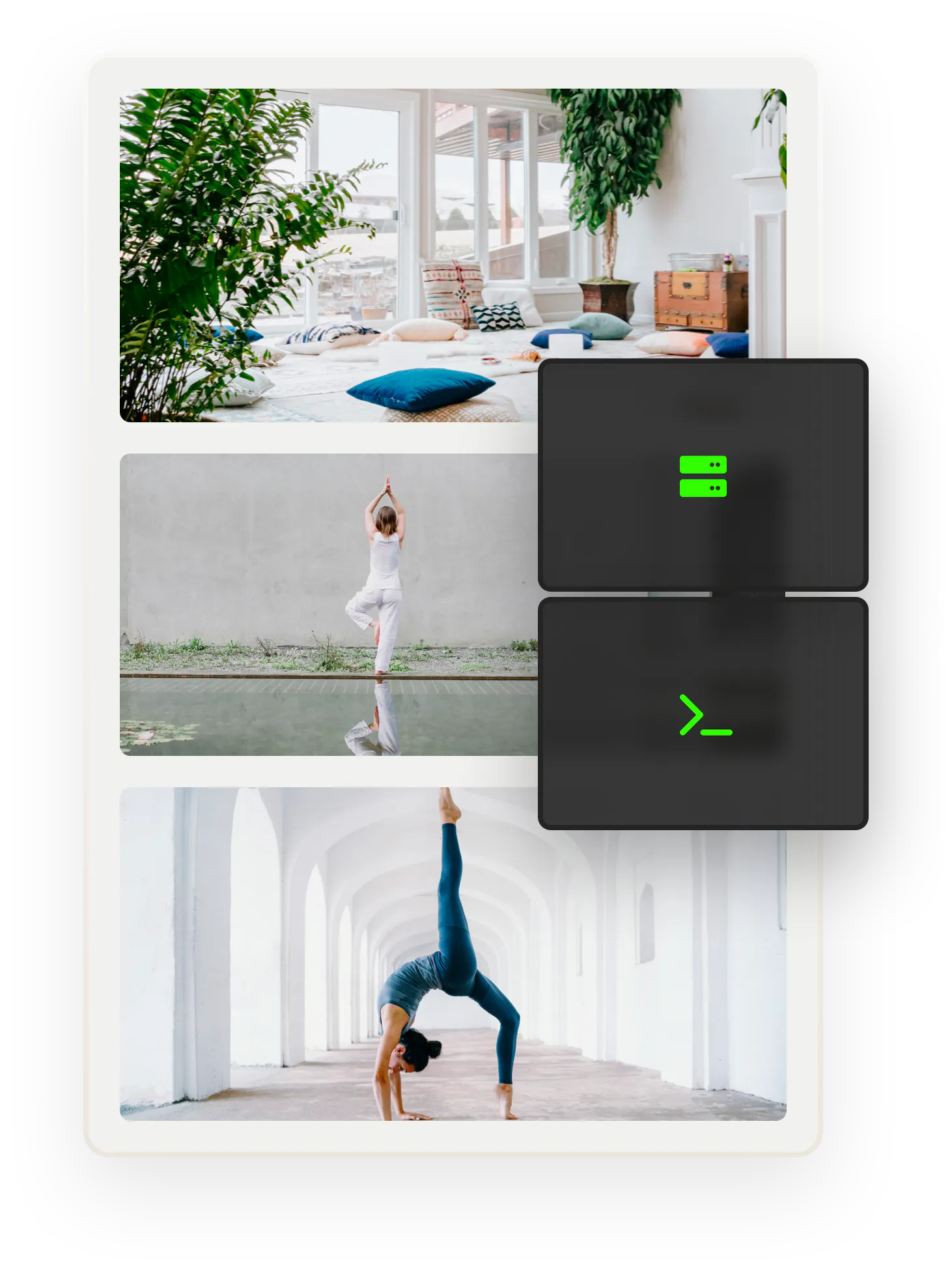 Three images of yoga-related things. First, a comfortable yoga studio with plants and pillows. Below, two people doing yoga. Overlaid on top are symbols for servers and coding.