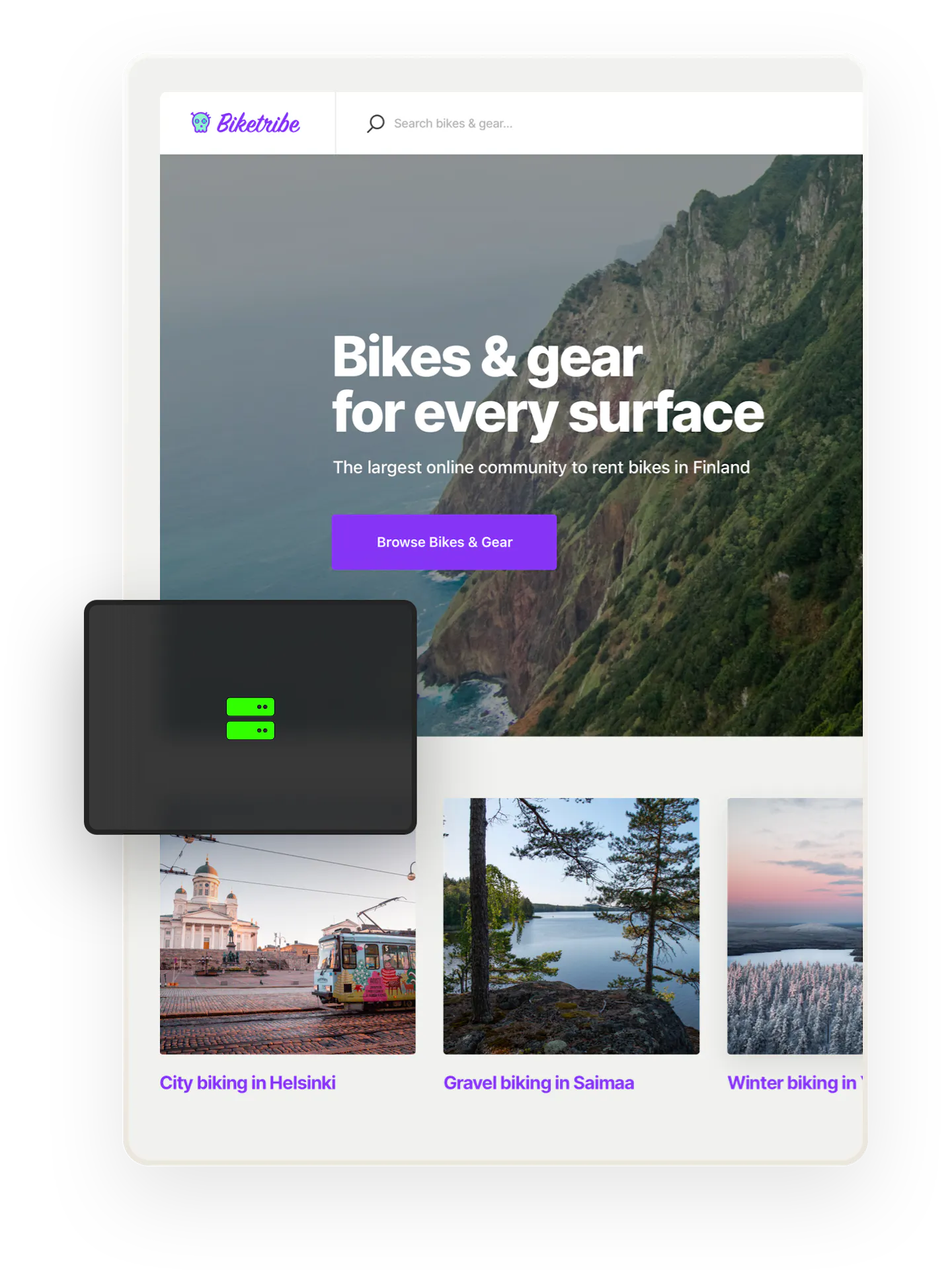 A snapshot of the Biketribe marketplace home page. The page says "Bikes and gear for every surface!" Overlaid on top is an icon of two servers on top of each other.