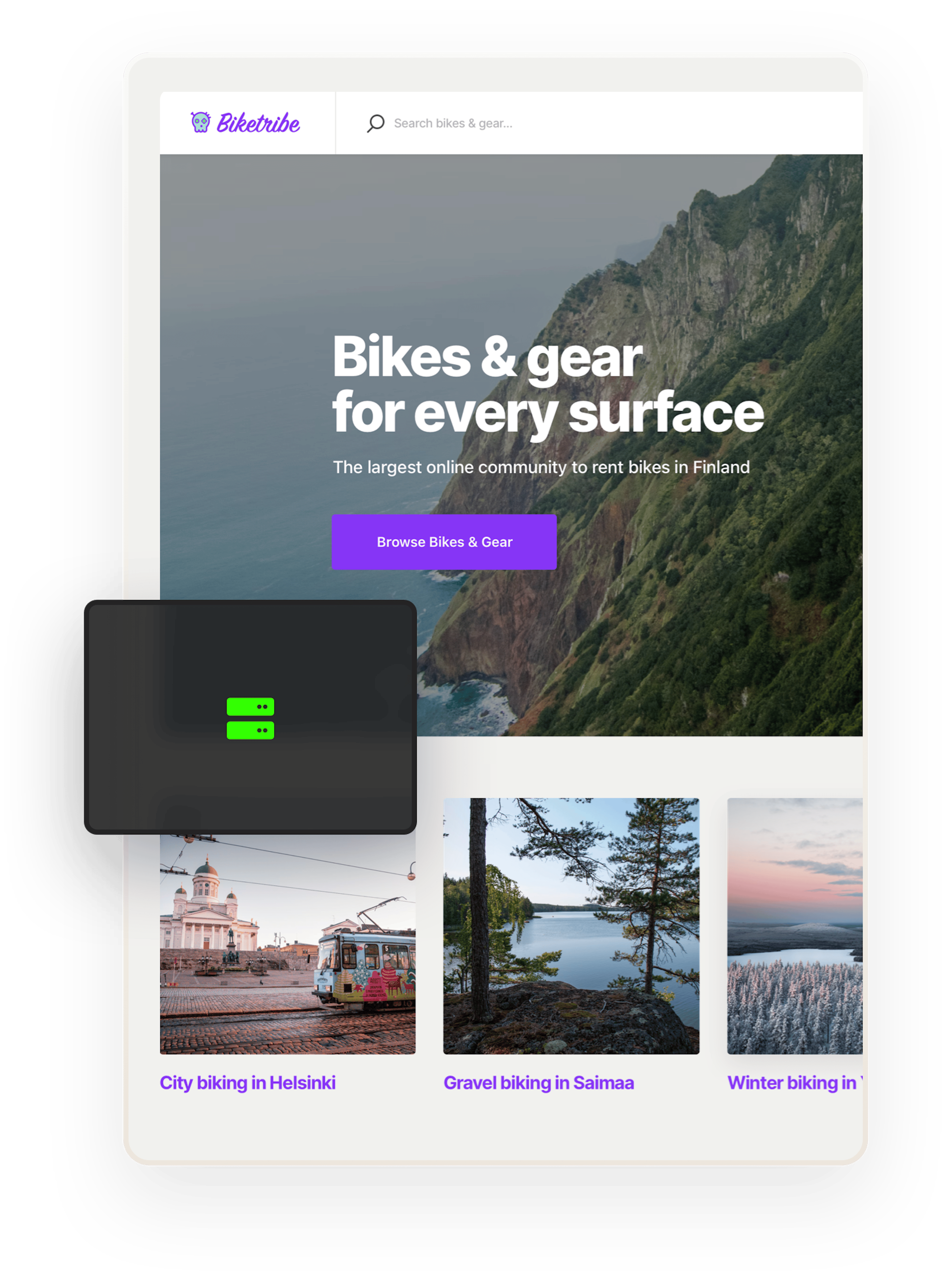 A snapshot of the Biketribe marketplace home page. The page says "Bikes and gear for every surface!" Overlaid on top is an icon of two servers on top of each other.