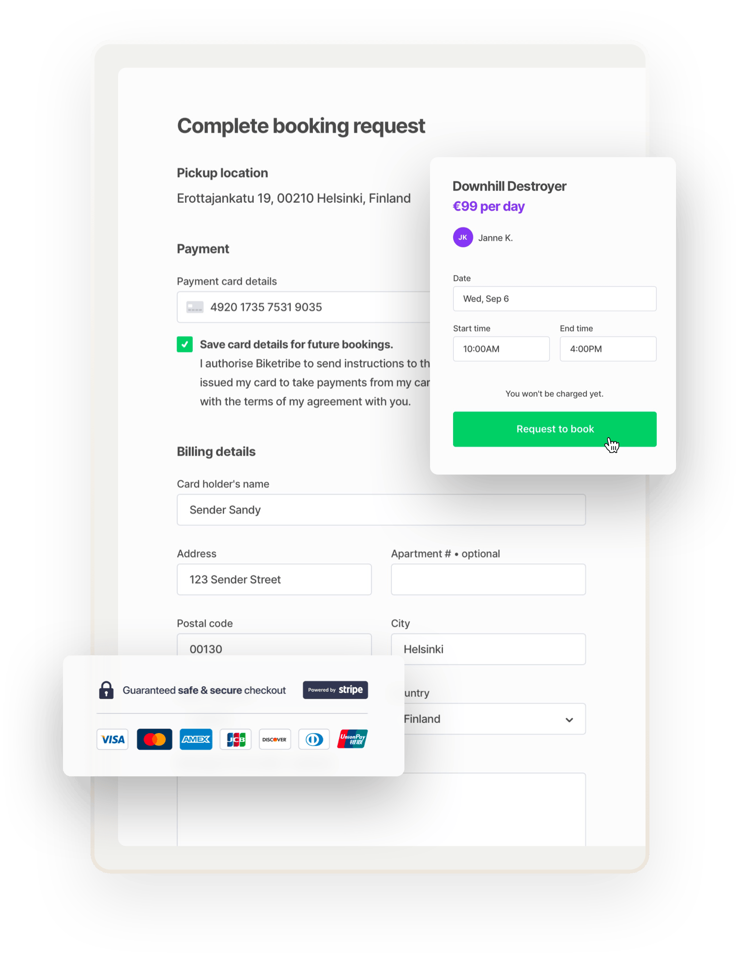 Marketplace payments. The checkout page for bike rental booking with payment card and billing details. The booking is for a bike called Downhill Destroyer. Overlaid on top is box with accepted payment methods, all big credit cards.