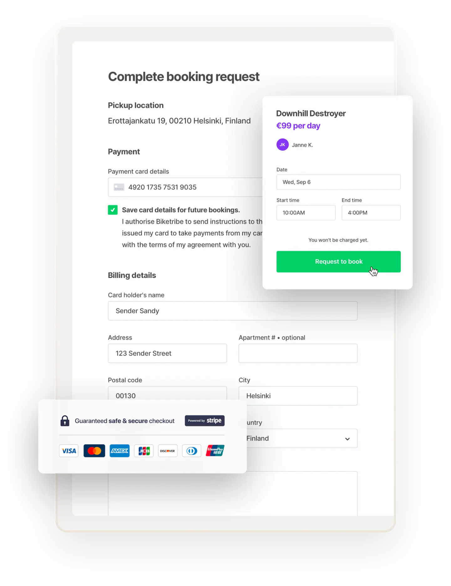 Marketplace payments. The checkout page for bike rental booking with payment card and billing details. The booking is for a bike called Downhill Destroyer. Overlaid on top is box with accepted payment methods, all big credit cards.