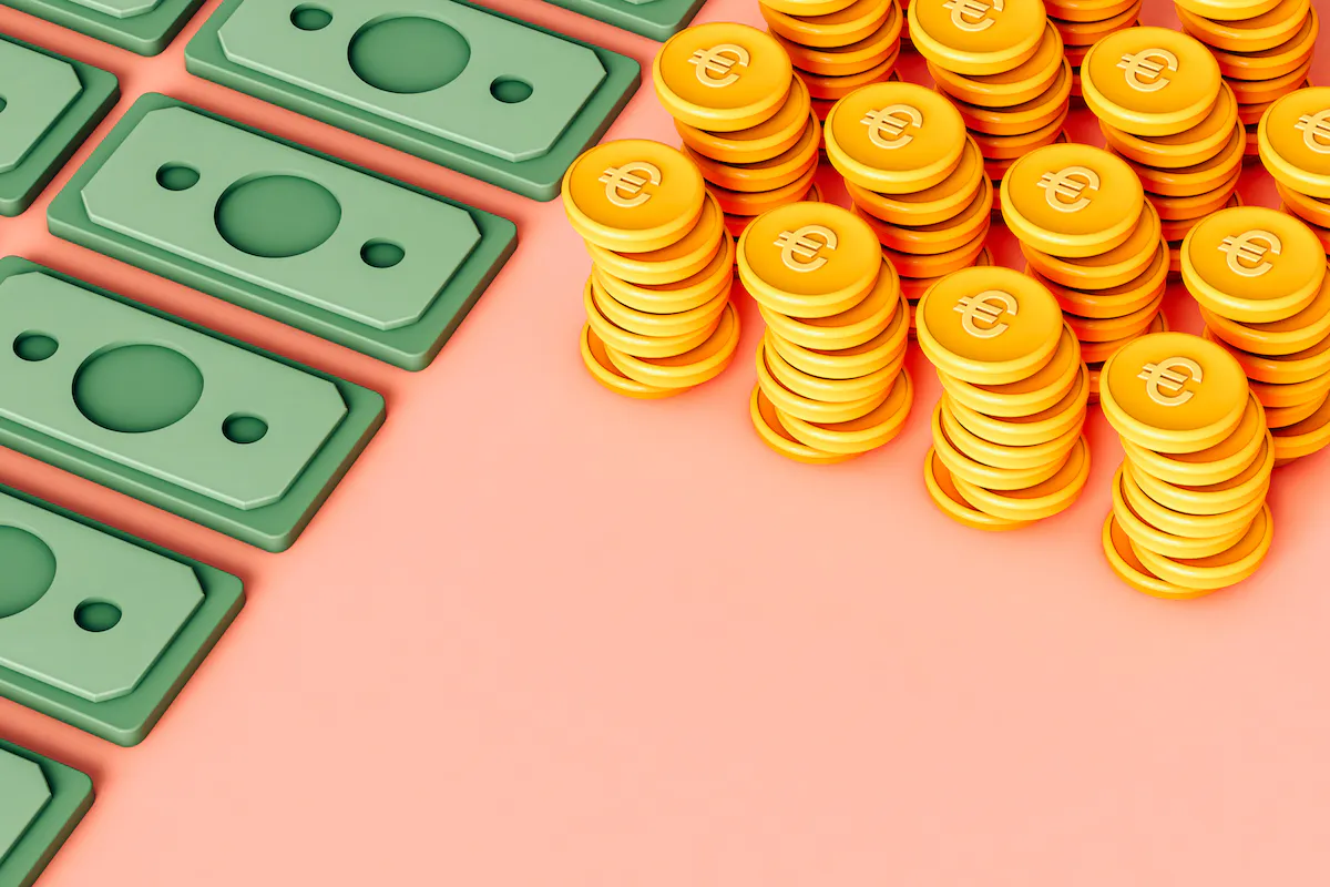 Green 3D bills and stacks of yellow coins covering two-thirds of pink background.