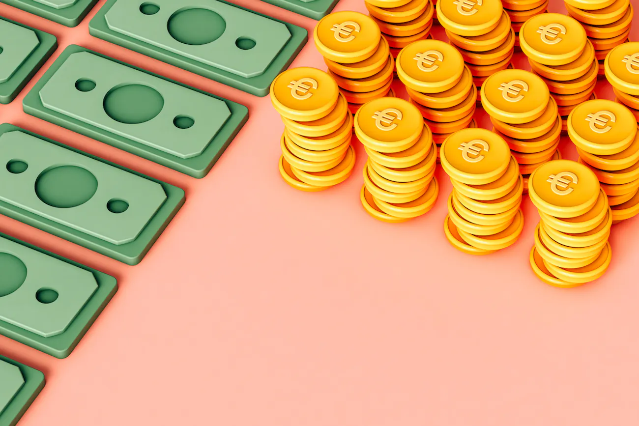 Green 3D bills and stacks of yellow coins covering two-thirds of pink background.