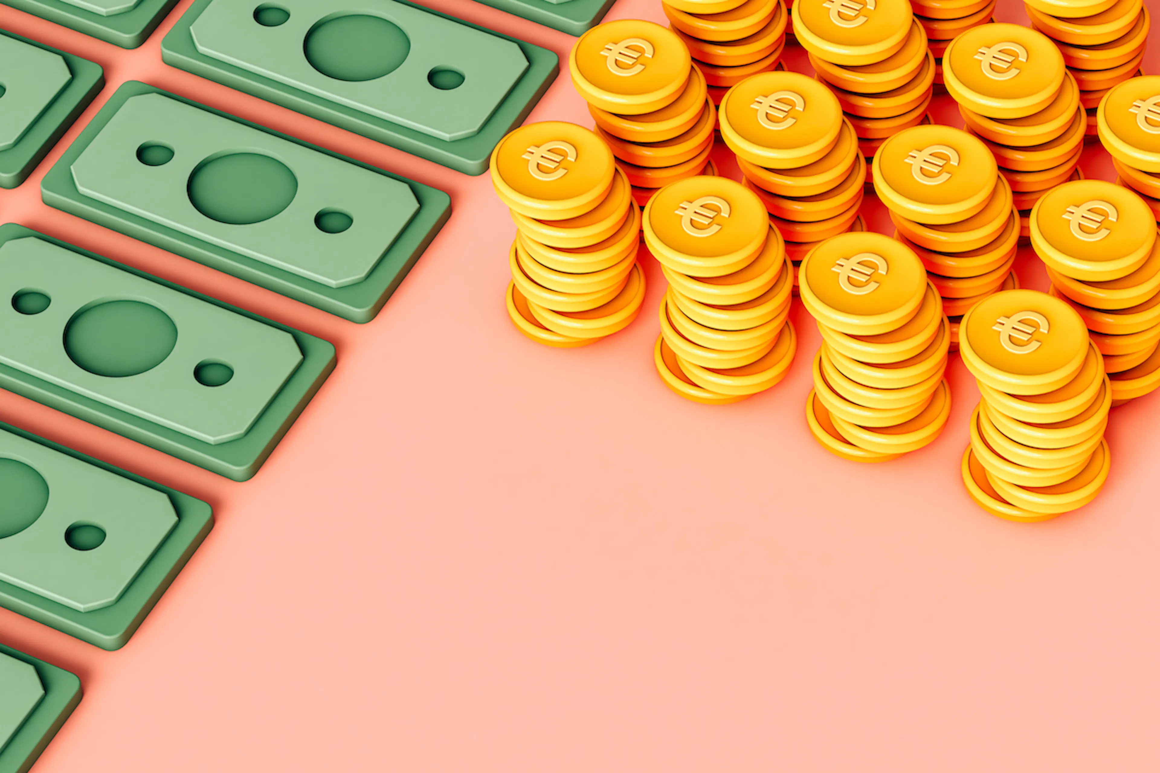 Green 3D bills and stacks of yellow coins covering two-thirds of pink background.