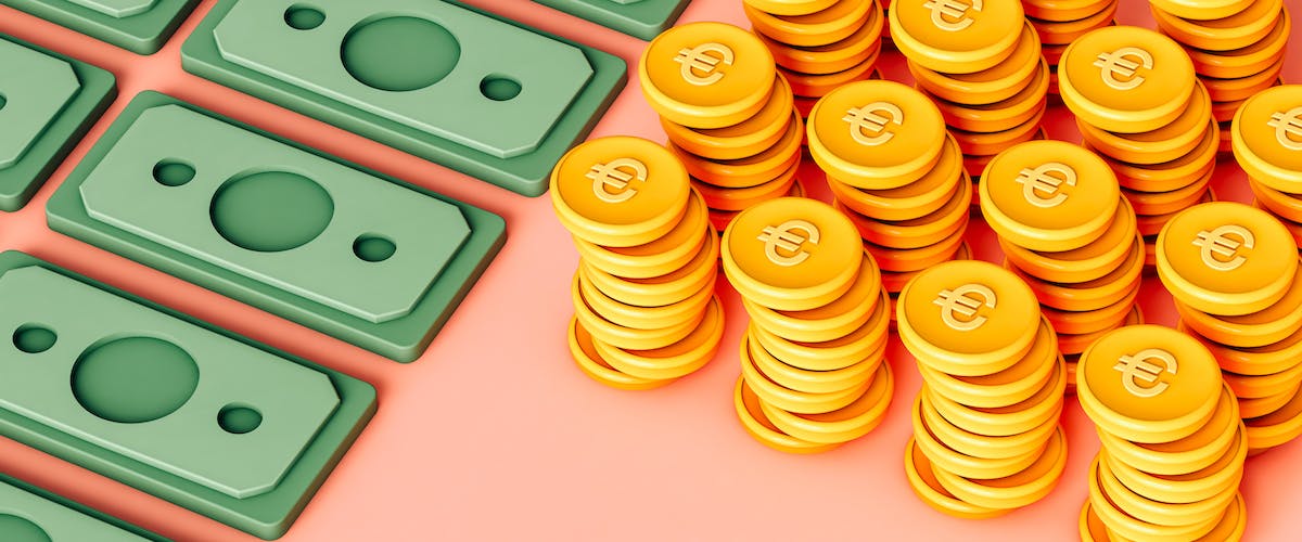 Green 3D bills and stacks of yellow coins covering two-thirds of pink background.