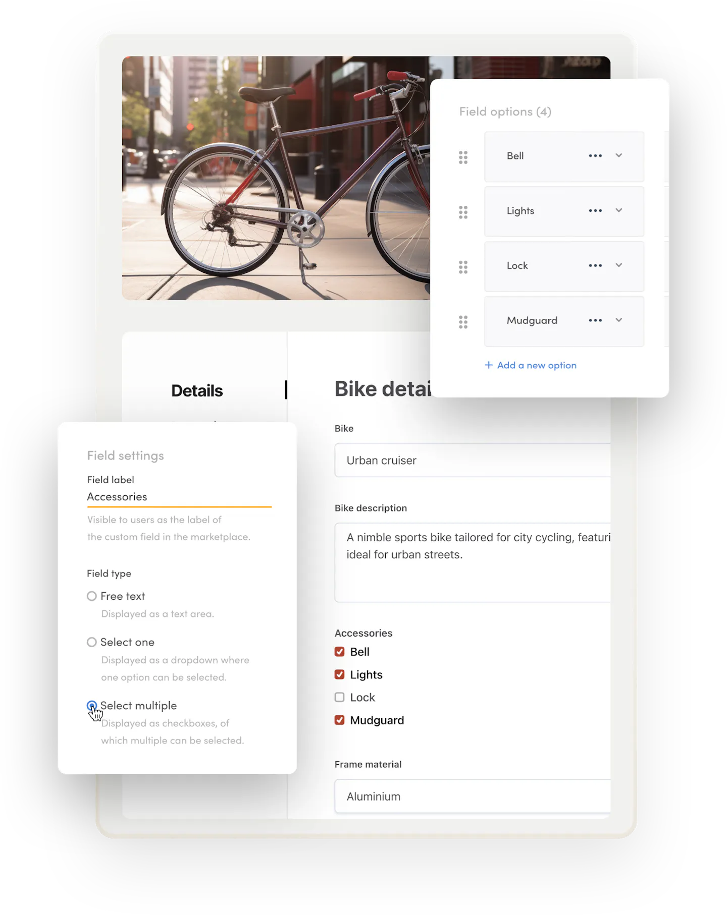 A listing creation form, where someone is adding a bike called urban cruiser. The form has a choose multiple listing field for accessories. The supplier has chosen the options bell, lights, and mudguard.