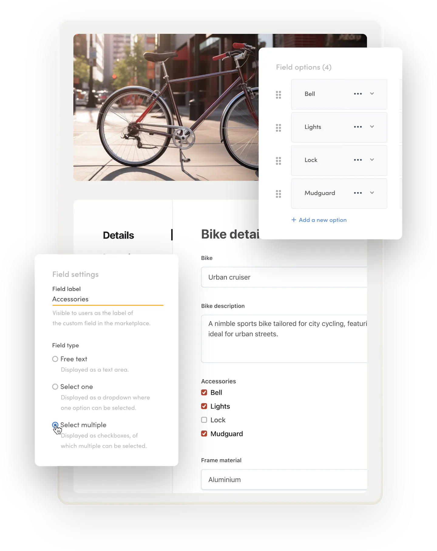 A listing creation form, where someone is adding a bike called urban cruiser. The form has a choose multiple listing field for accessories. The supplier has chosen the options bell, lights, and mudguard.