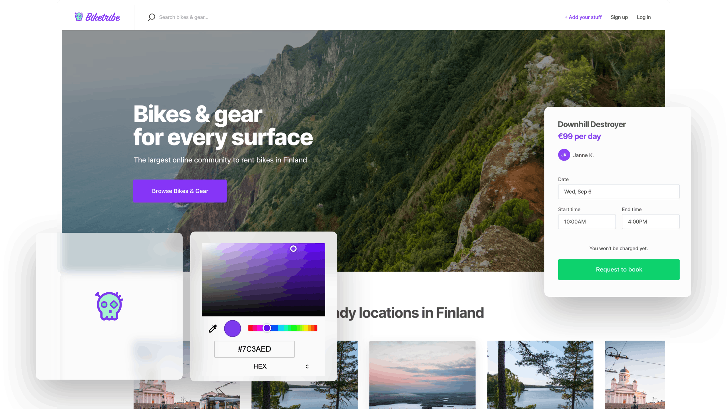 A landing page of a sample bike-rental marketplace. Overlaid on top is a box with the marketplace logo, a stylized skull, a color picker, and a booking form for a mountain bike.