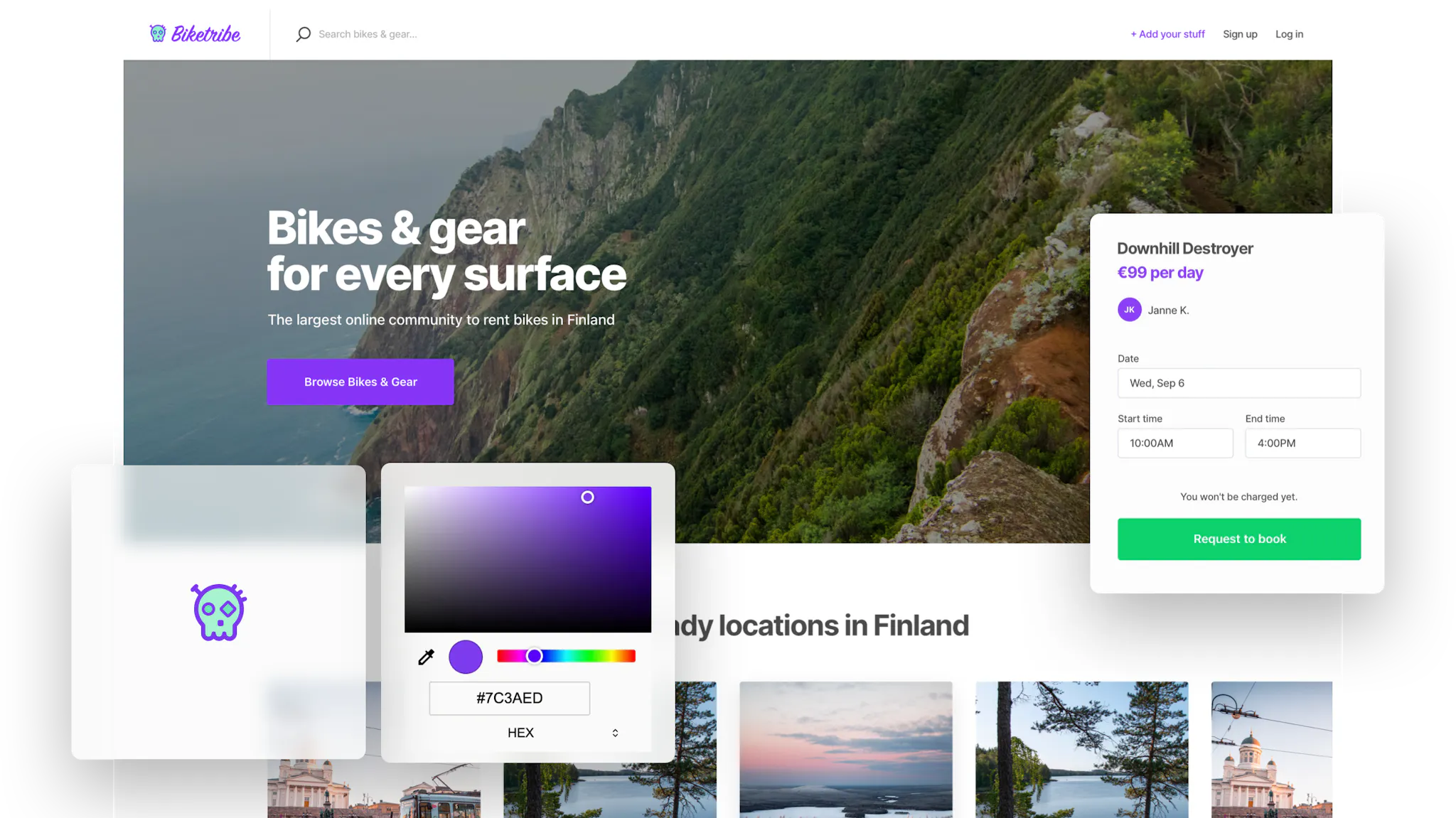 A landing page of a sample bike-rental marketplace. Overlaid on top is a box with the marketplace logo, a stylized skull, a color picker, and a booking form for a mountain bike.