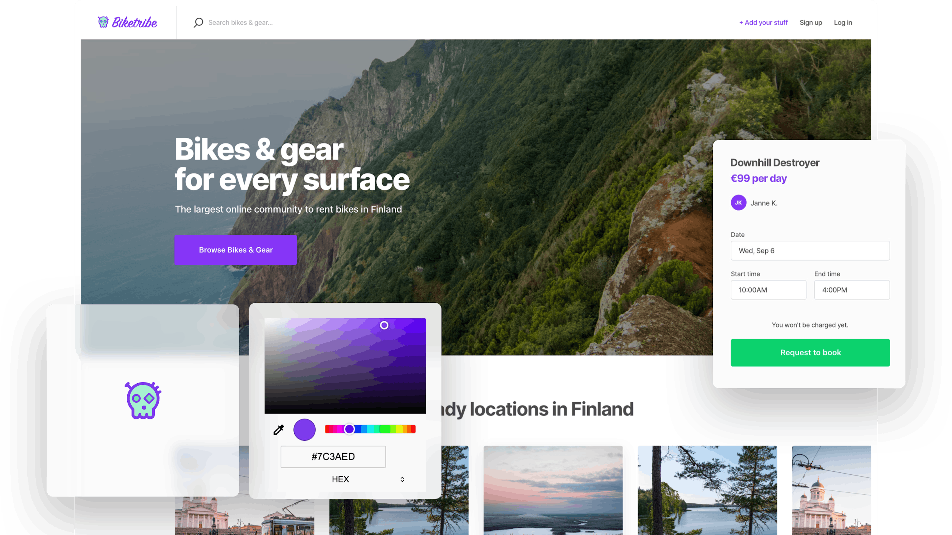 A landing page of a sample bike-rental marketplace. Overlaid on top is a box with the marketplace logo, a stylized skull, a color picker, and a booking form for a mountain bike.