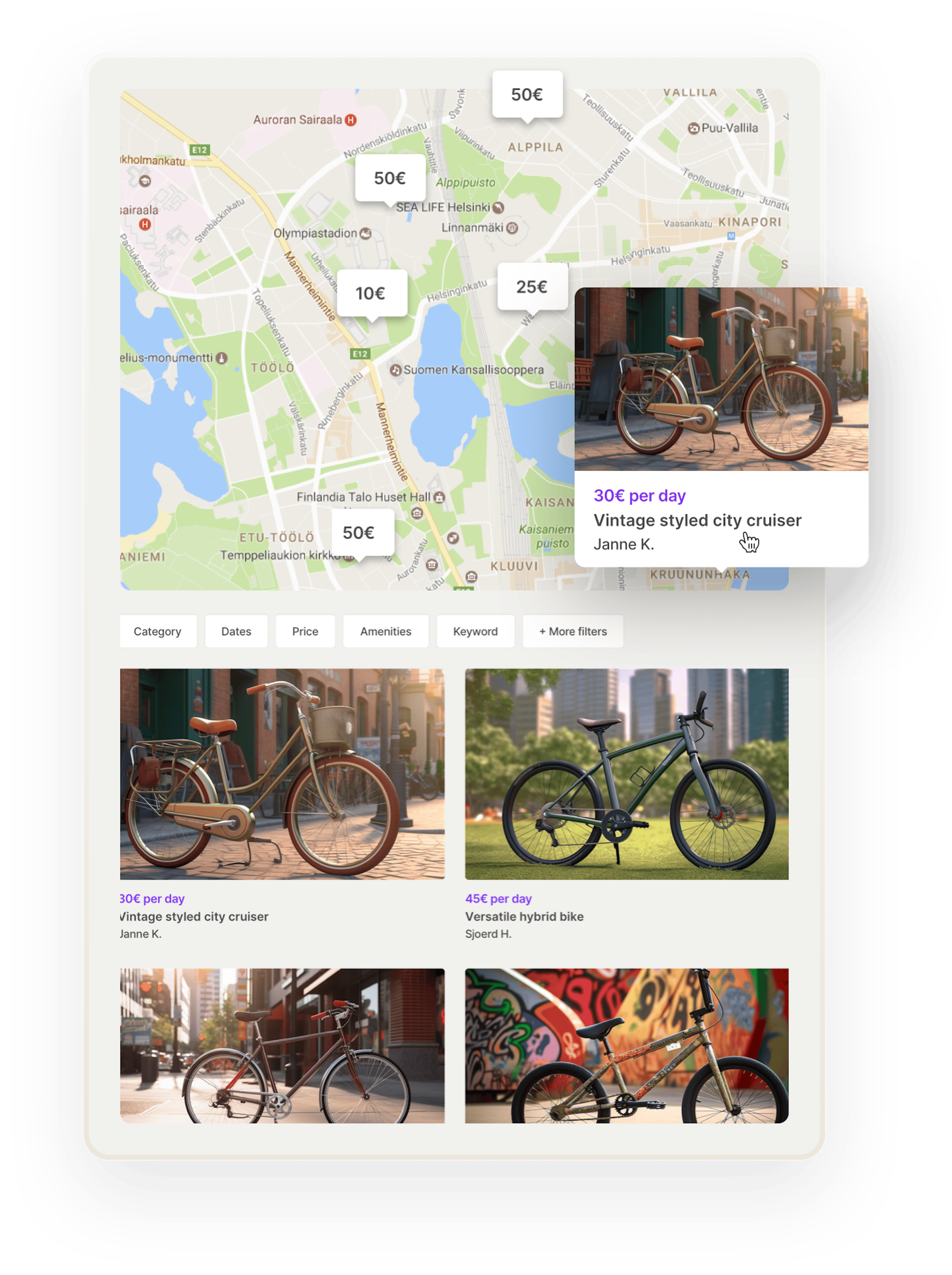 Search results example. A search for bikes in Helsinki, Finland. Bubbles with the daily price show the location of each bike on a map. One bubble is opened to show a listing thumbnail with an image and title. Beneath the map, there are more listing thumbnails.