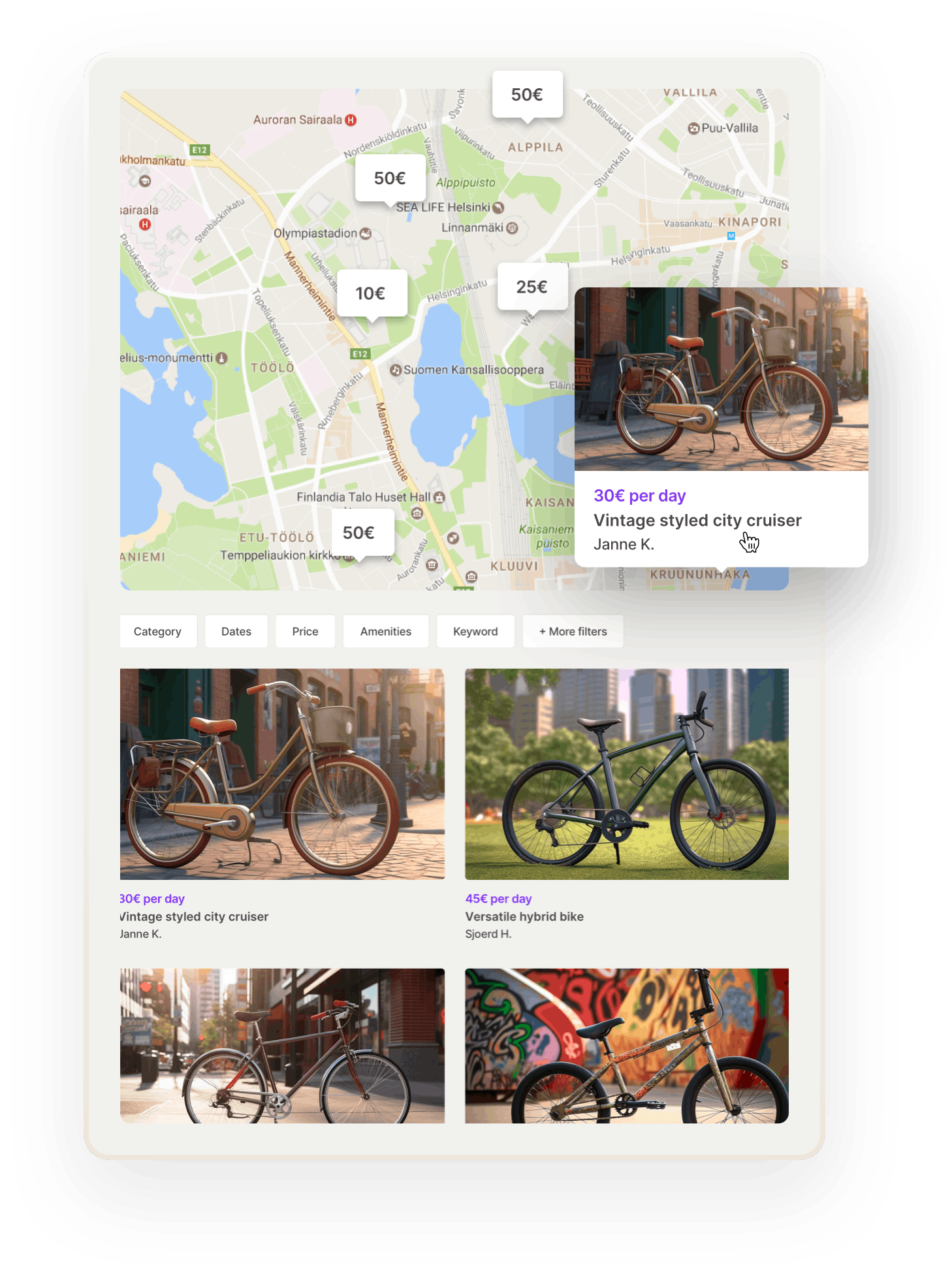 A search for bikes in Helsinki, Finland. Bubbles with the daily price show the location of each bike on a map. One bubble is opened to show a listing thumbnail with an image and title. Beneath the map, there are more listing thumbnails.