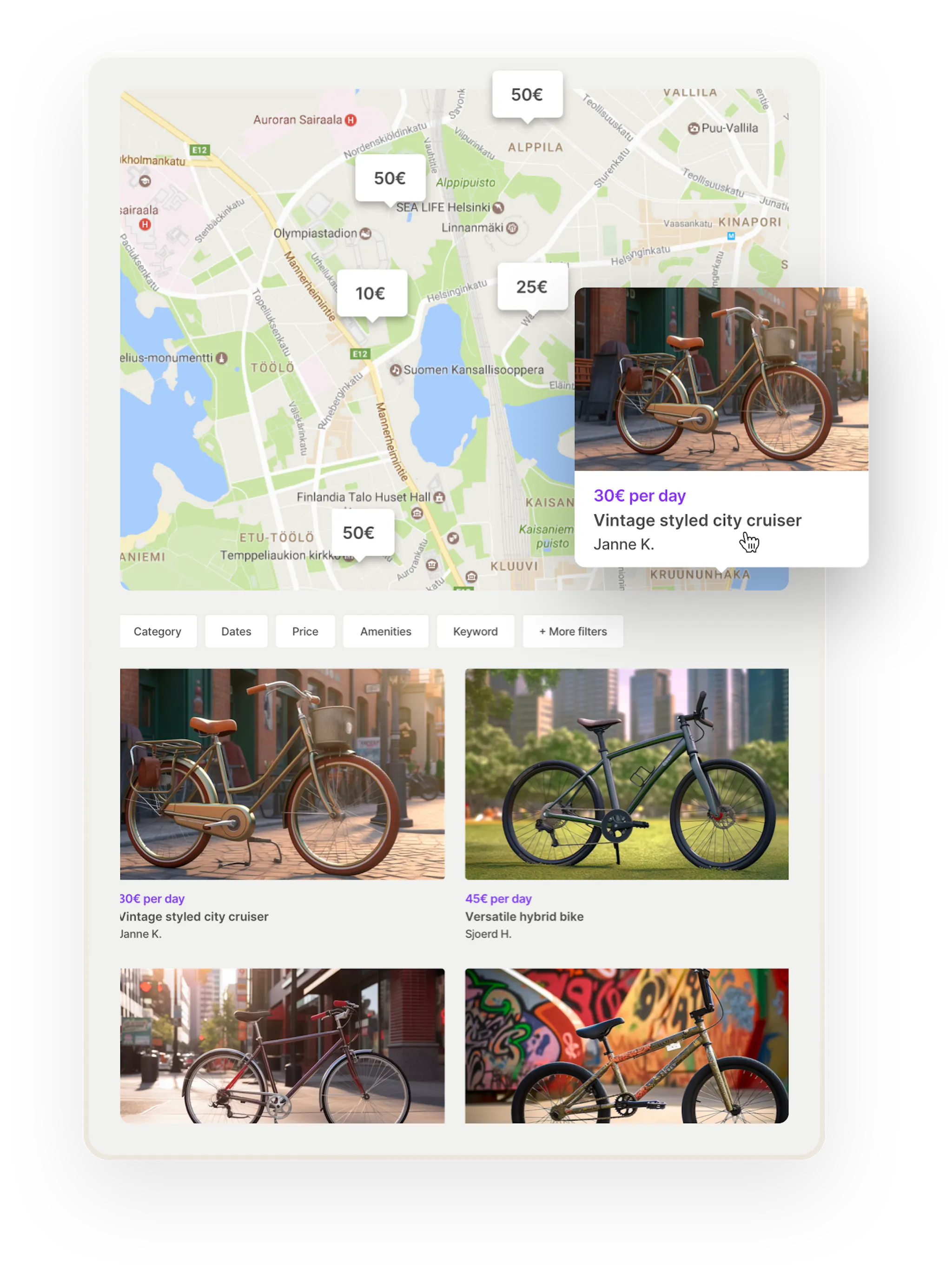 A search for bikes in Helsinki, Finland. Bubbles with the daily price show the location of each bike on a map. One bubble is opened to show a listing thumbnail with an image and title. Beneath the map, there are more listing thumbnails.