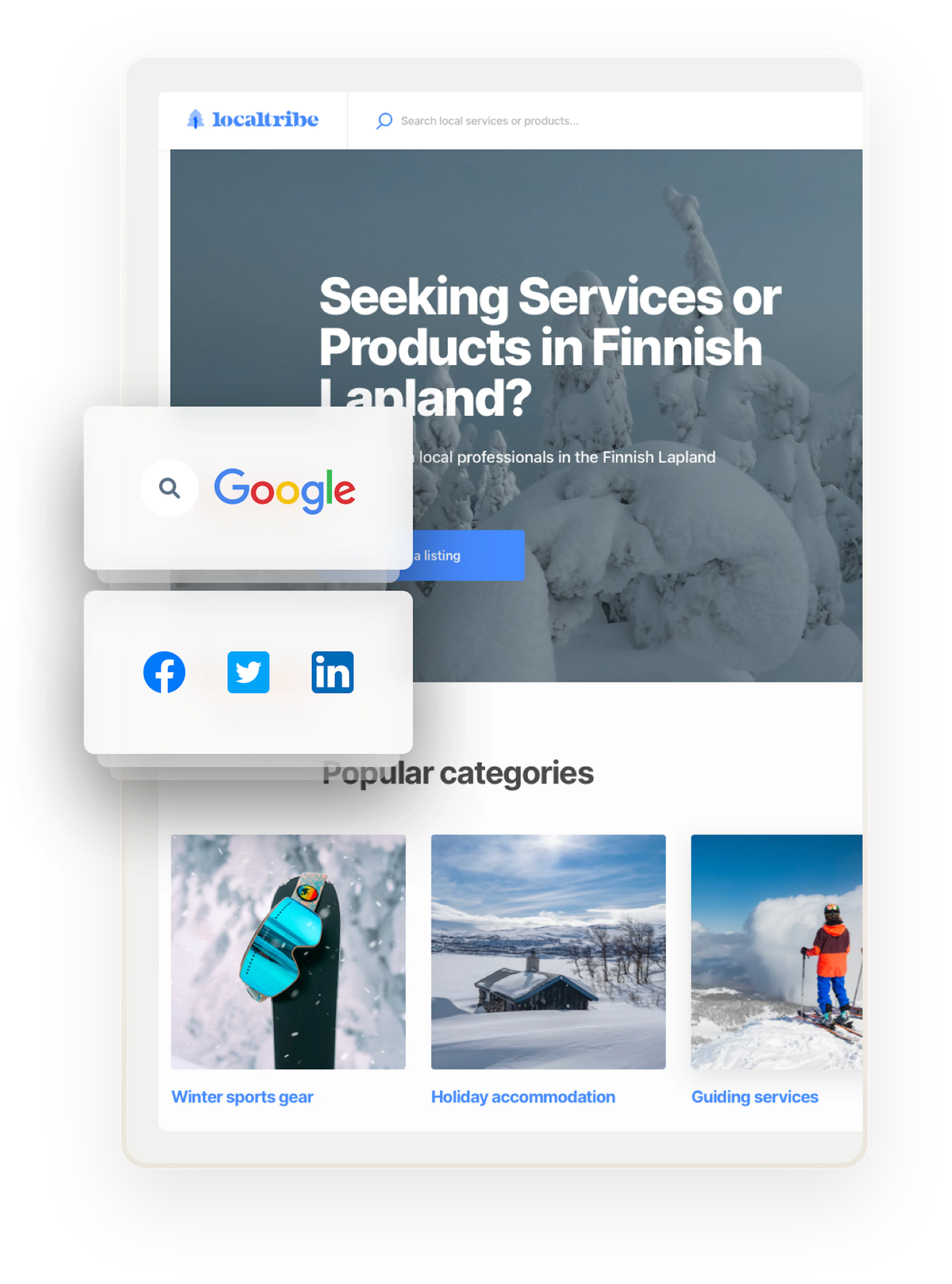 The home page of a marketplace based in Finnish Lapland. Overlaid are logos for Google, Facebook, Twitter, and LinkedIn